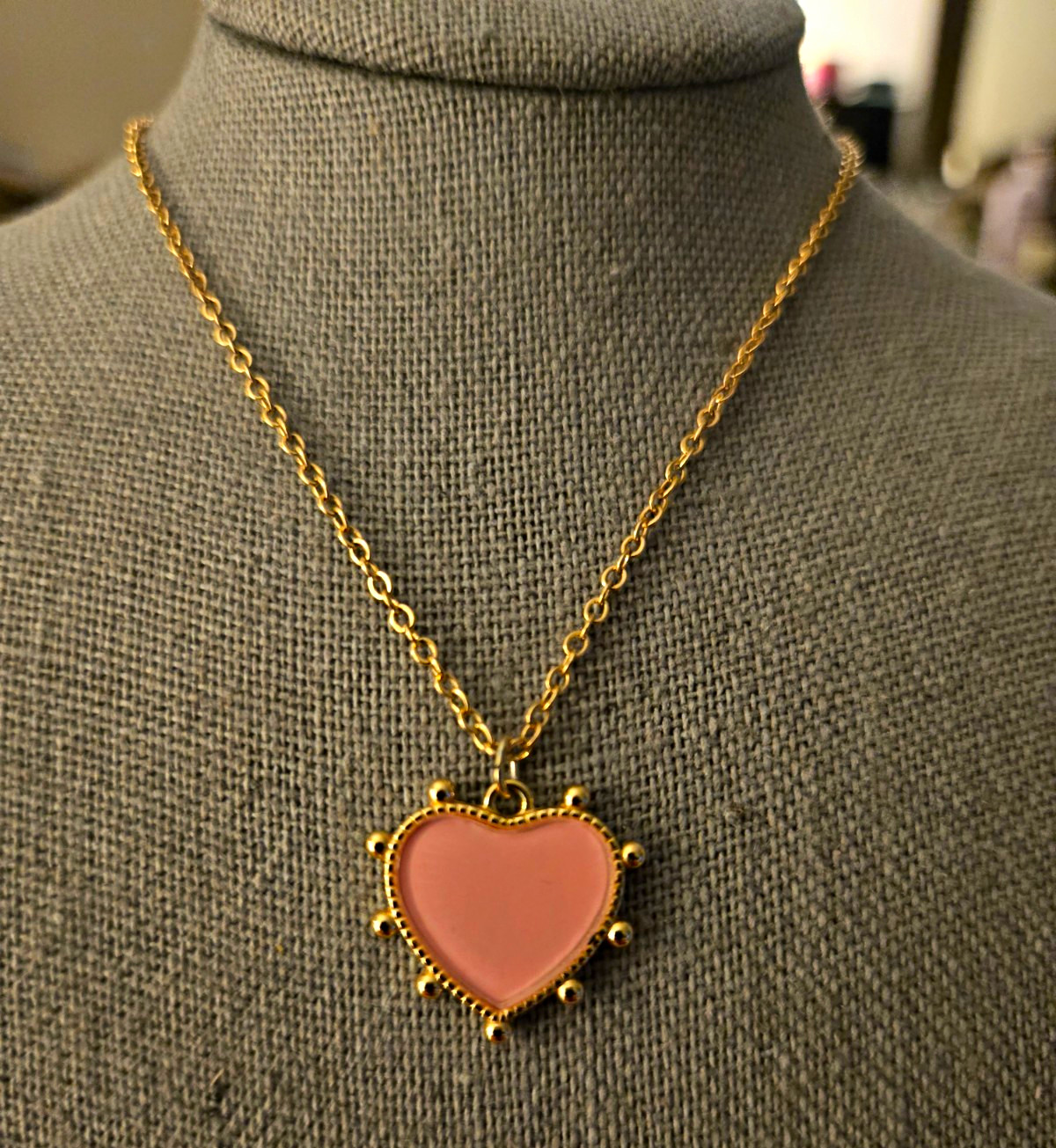Gold Tone Pink Heart Charm Pendant Necklace, Cable Chain, No Stone