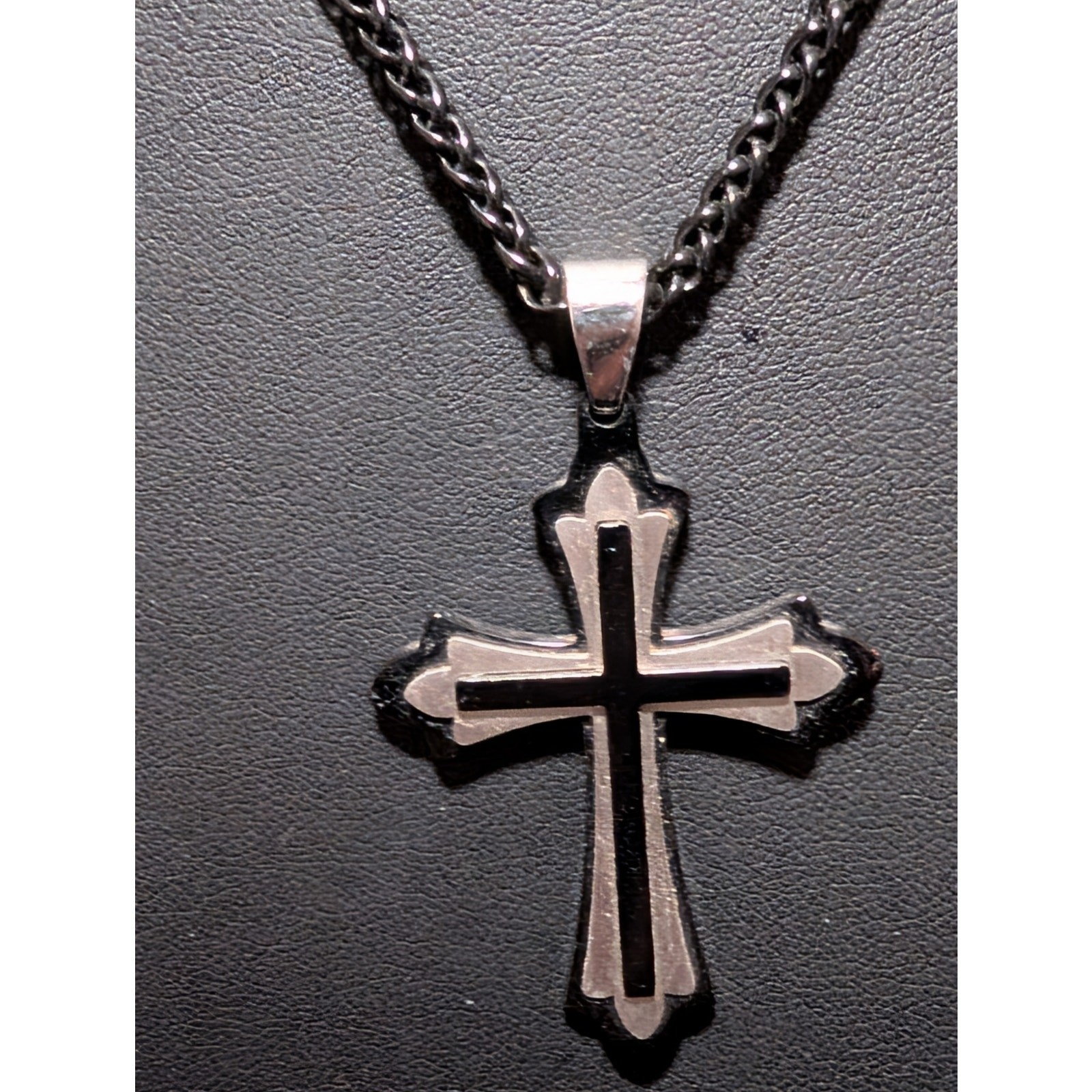 Black Chain Necklace With Silver Tone & Black Cross