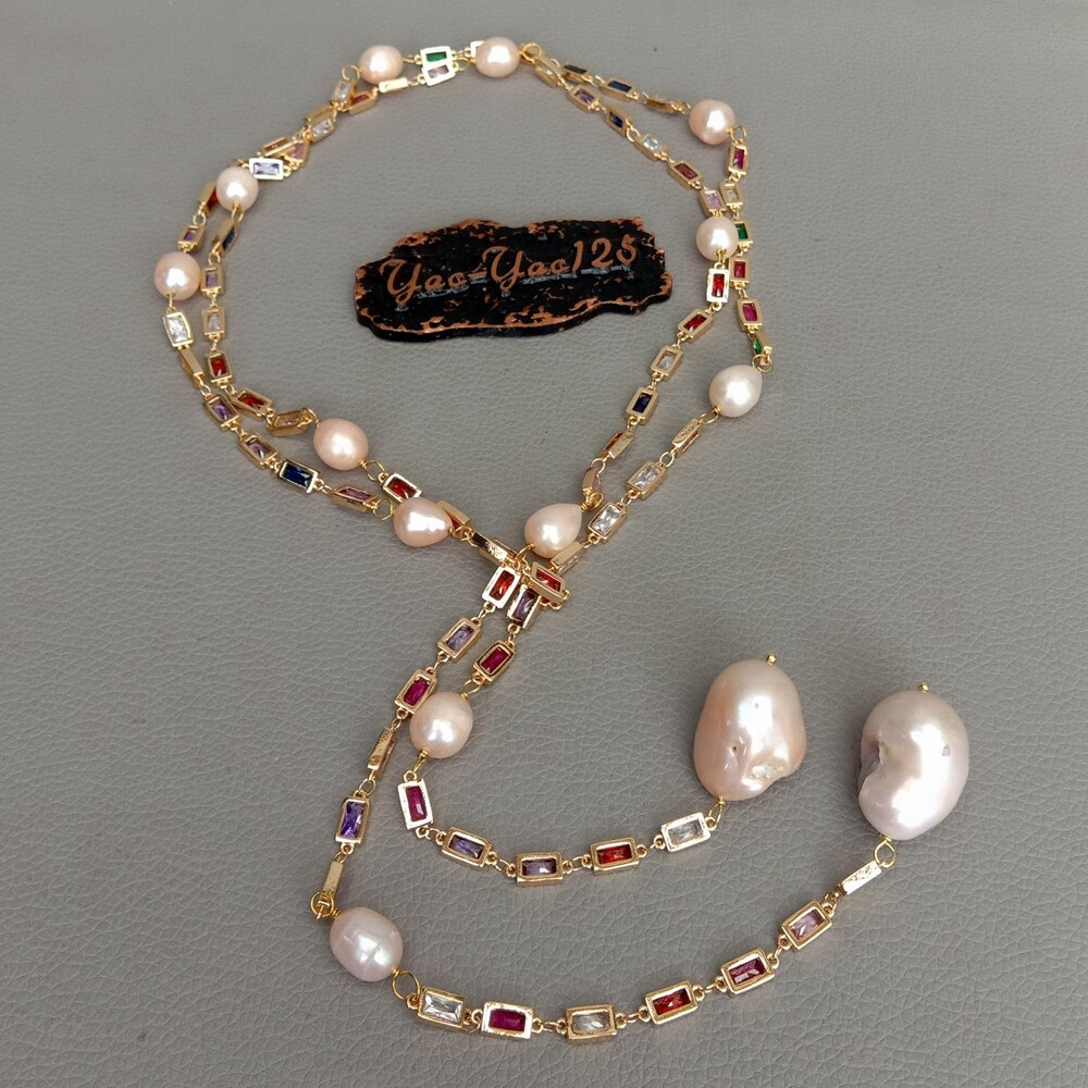 50″ Cultured Pink Keshi Pearl Mixed Color Rectangle Cz Pave Long Chain Necklace