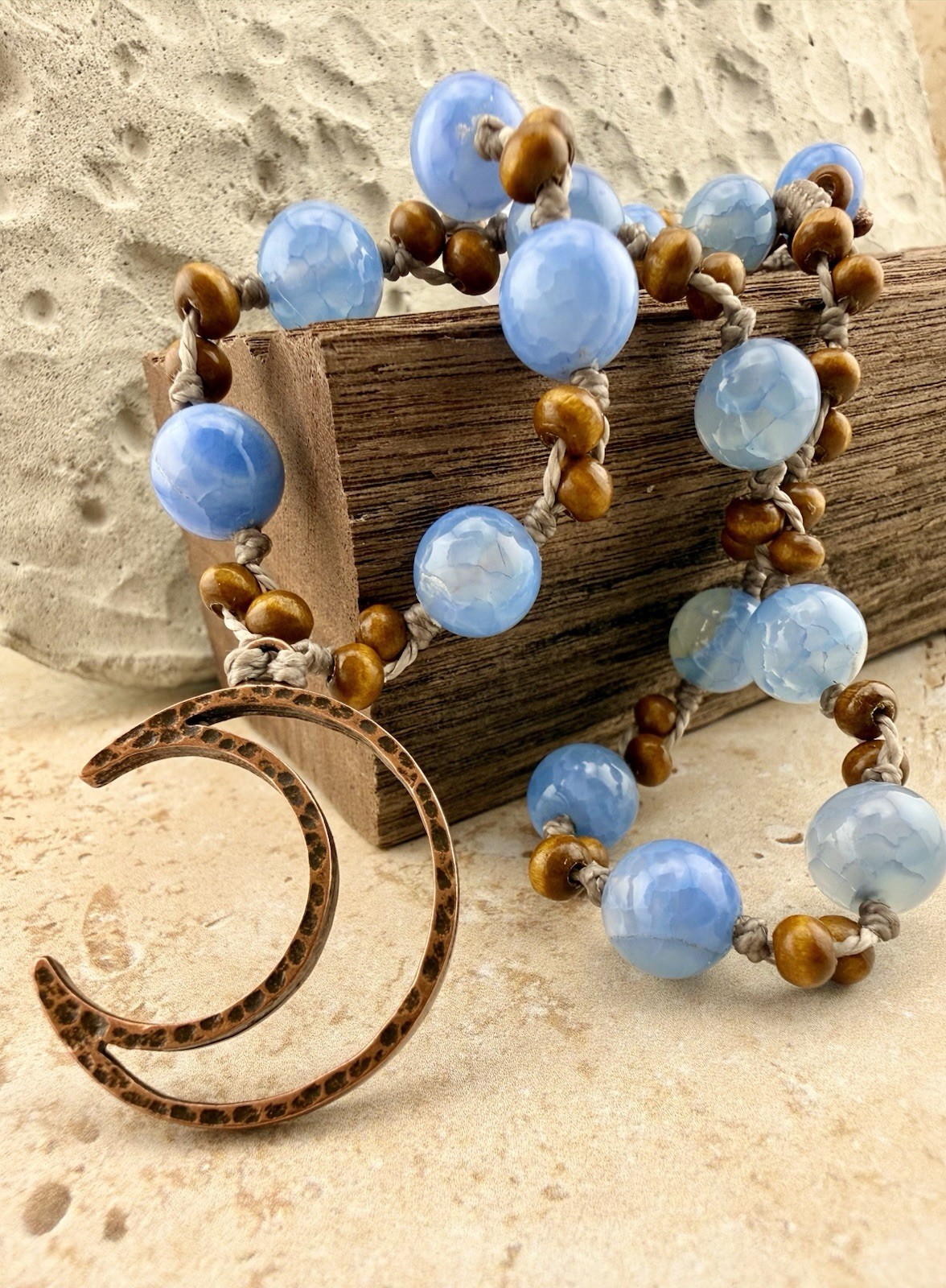 Copper Moon Pendant Necklace w/ Blue Banded Crackle Agate Crystal USA Artisan