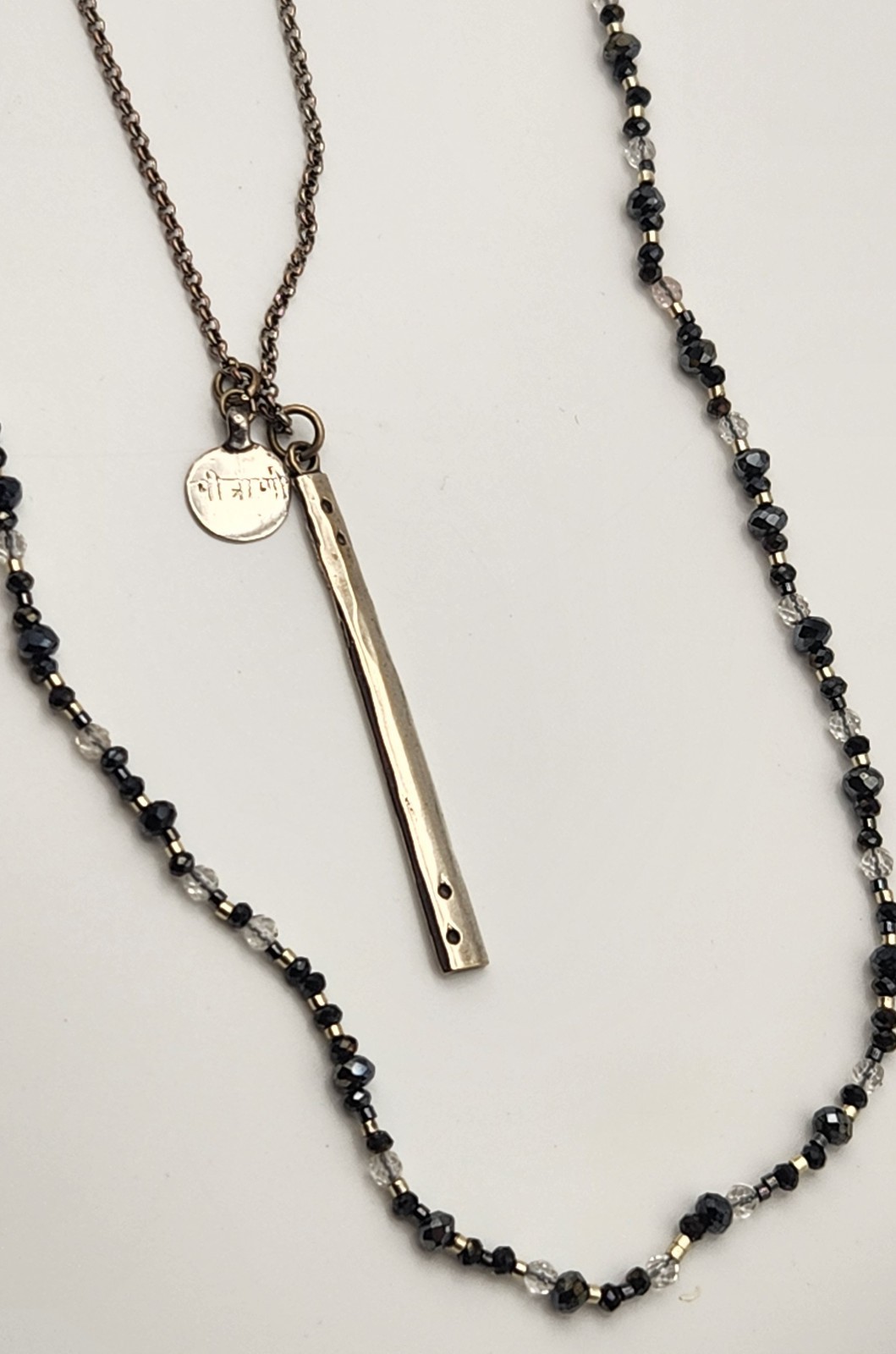 Chan Luu 42″ Layered Black Crystal Beaded Necklace Silver Tone Bar Pendant Boho