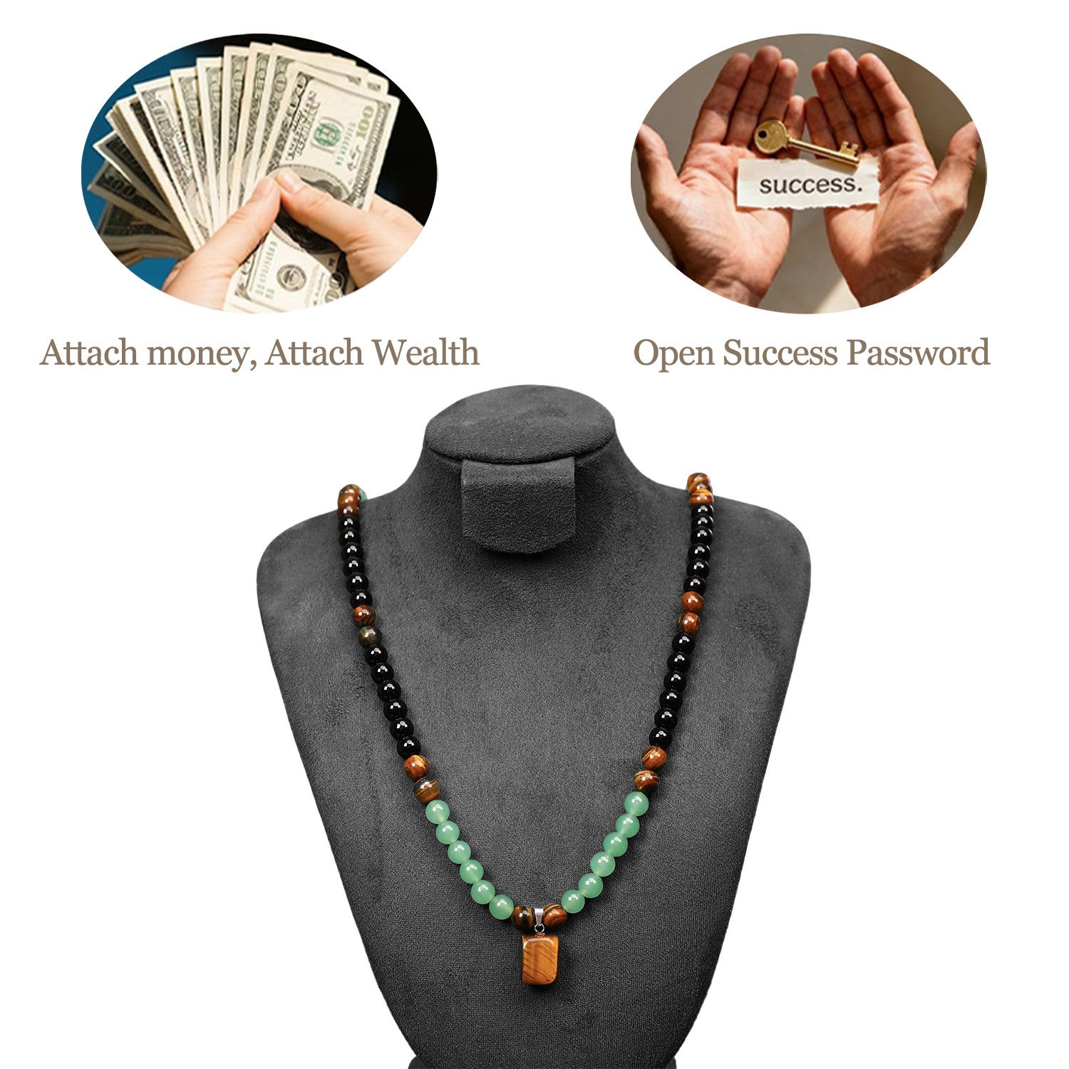Money Attraction Necklace & Tiger Eye Obsidian Prosperity Crystal Beaded Gifts
