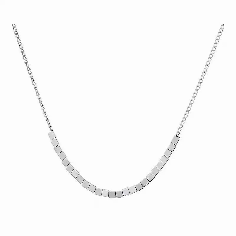 925 Silver Cube Bead Necklace Dainty Geometric Box Chain Choker Necklace 007