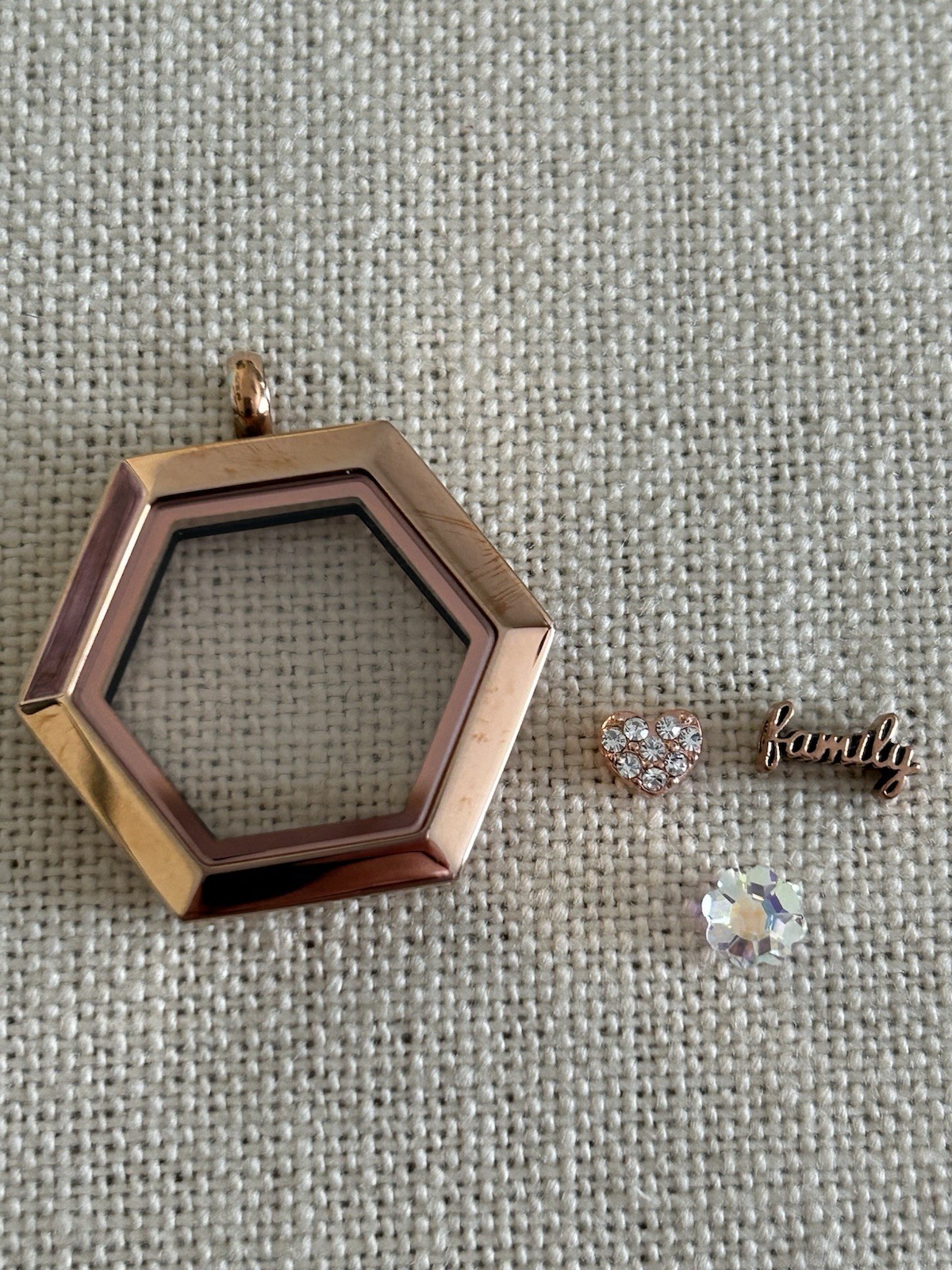 Origami Owl Medium Rose Gold Hexagon Hinge Closure Locket w/Charms “New in Box”