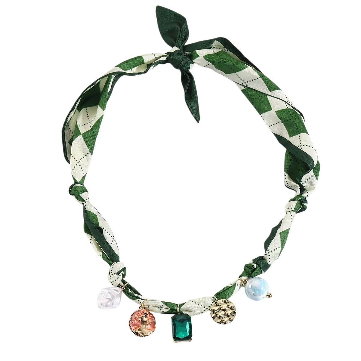 Scarf Bandana Necklace with Charm Colorful Silk Flower Crystal Medium, Green