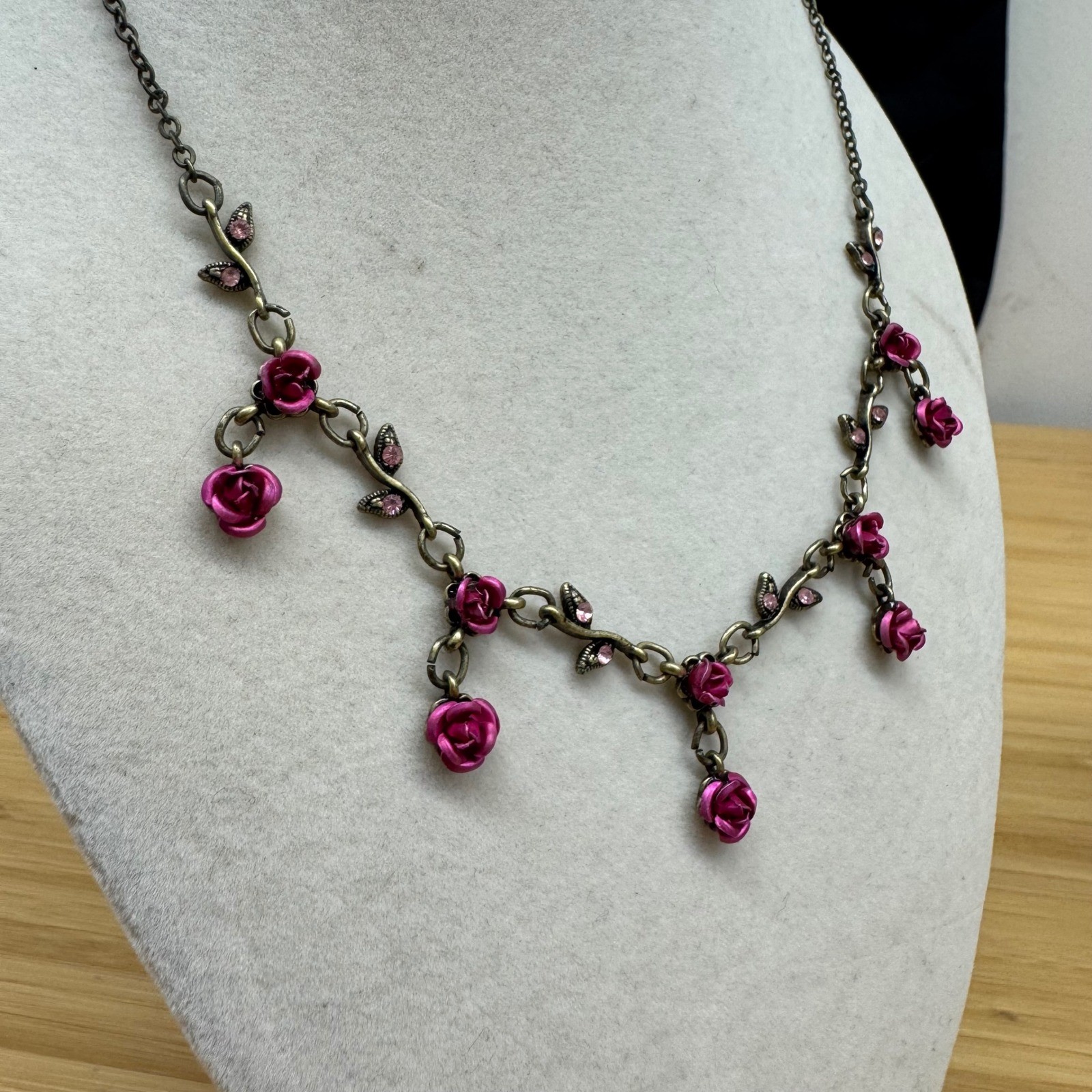 Vintage Style Antique Brass Magenta Rose Vine Rhinestone Floral Drop Necklace