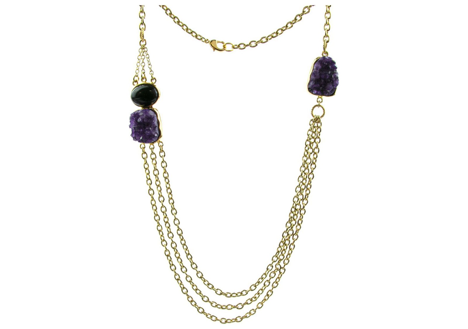 Women’s Genuine Black Obsidian & Amethyst Druzy Stone 33″ Layered Necklace