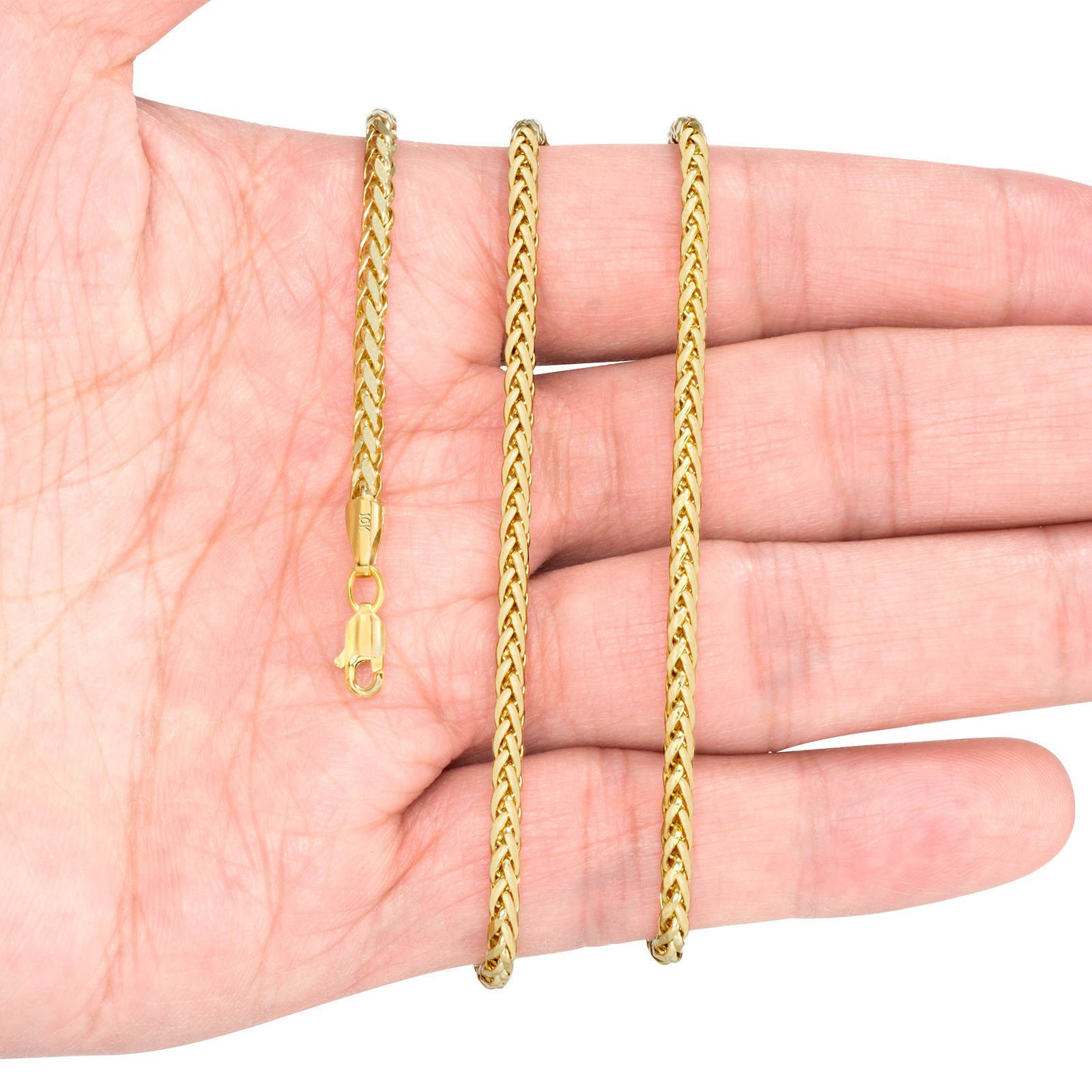 10K Yellow Gold 2.5mm-5mm Round Wheat Palm Franco Spiga Chain Necklace 16″- 30″