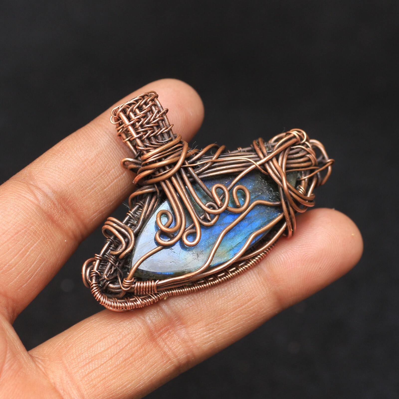 Blue Fire Labradorite Gemstone Eye Design Copper Wire Wrap Pendant Jewelry N35