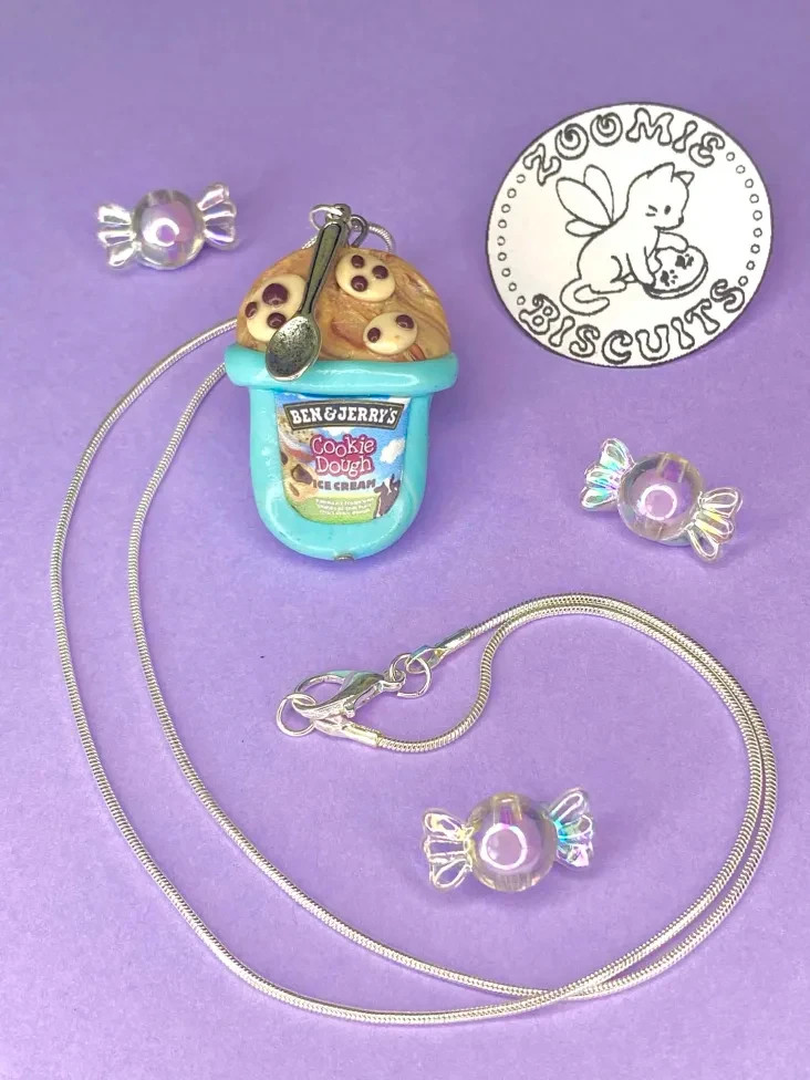 Ben and Jerry’s cookie dough ice cream necklace handmade (polymer clay) retro