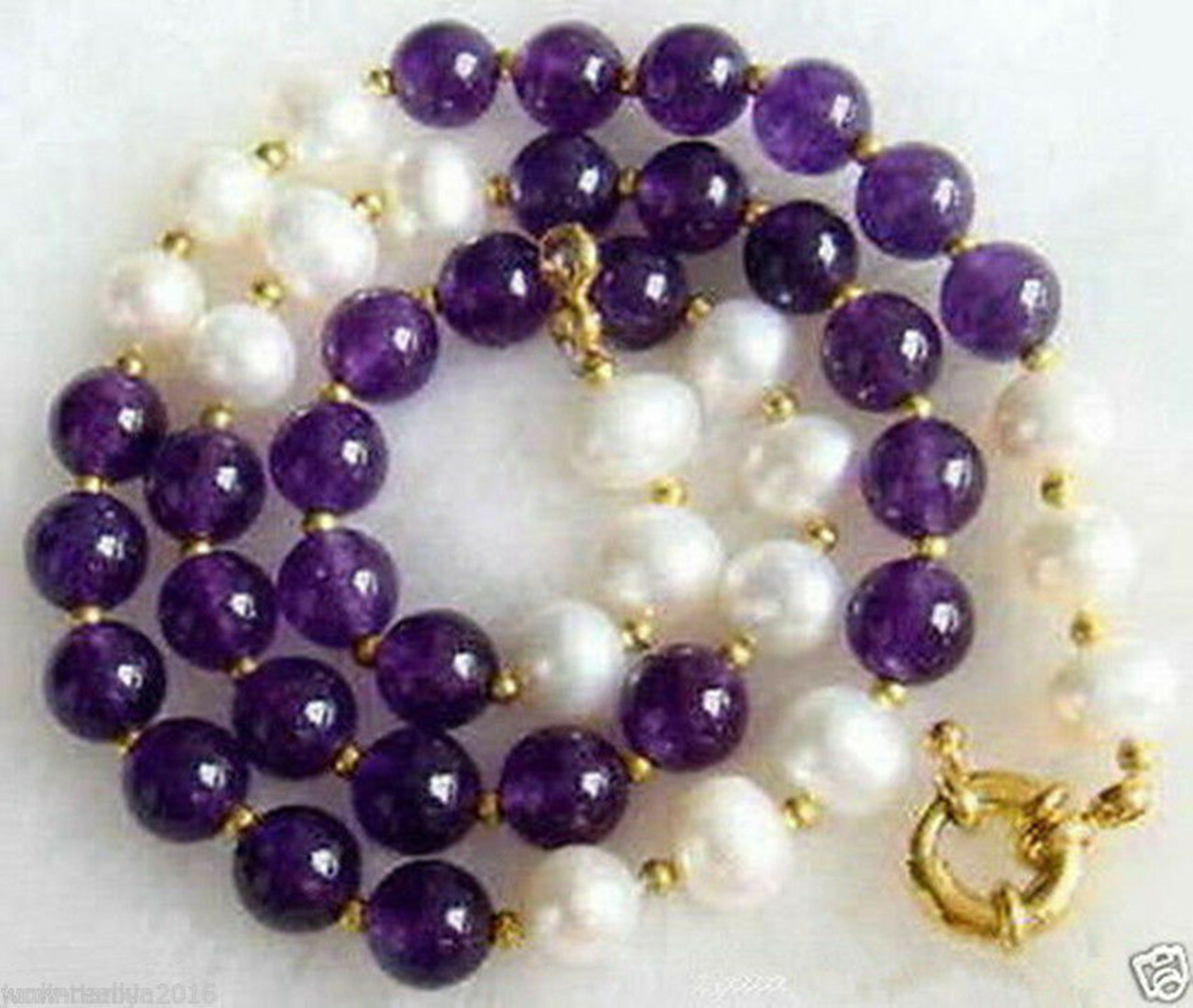 Natural 7-8mm White Freshwater Pearl & 8mm Purple Amethyst Beads Necklace 18”