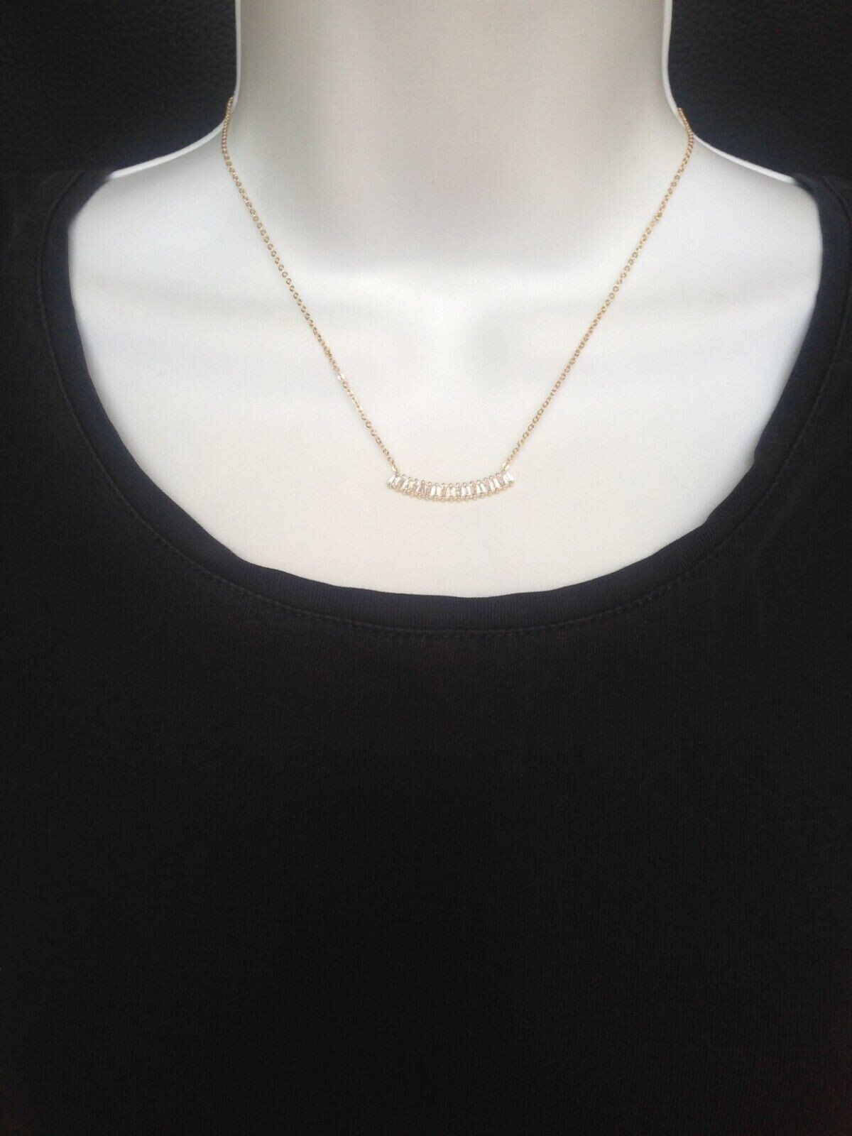 925 Sterling Silver CZ Curved Bar Pendant Necklace Sideways Gold Women 28mm 17″