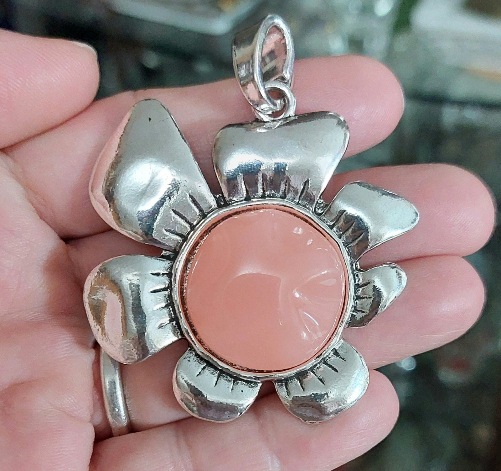 Silver and Pink/Coral Flower Necklace Pendant – Women’s Jewelry