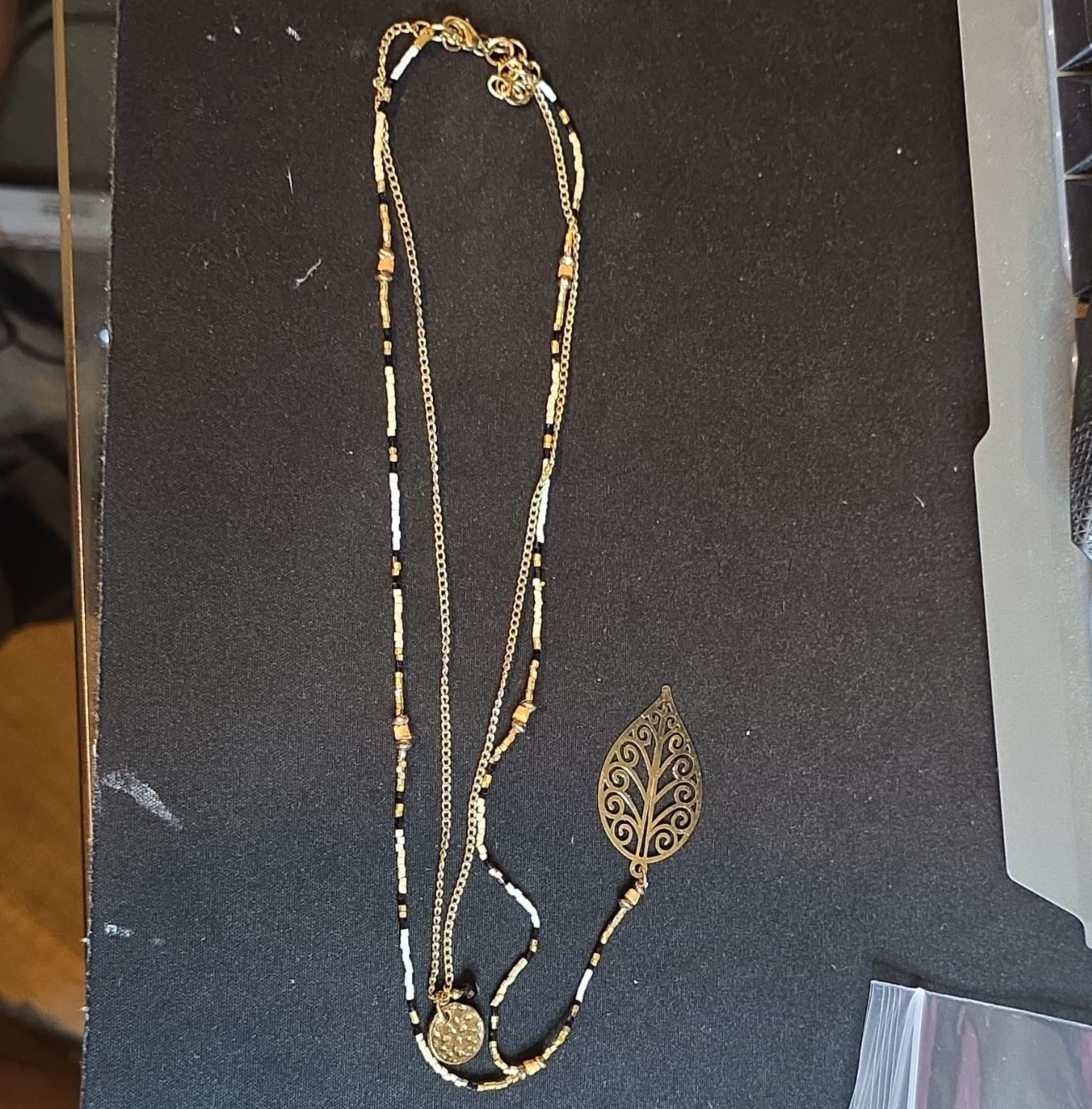 Gold Tone Beaded Layered Necklace Leaf Charm Pendant Coin Charm Cable Chain
