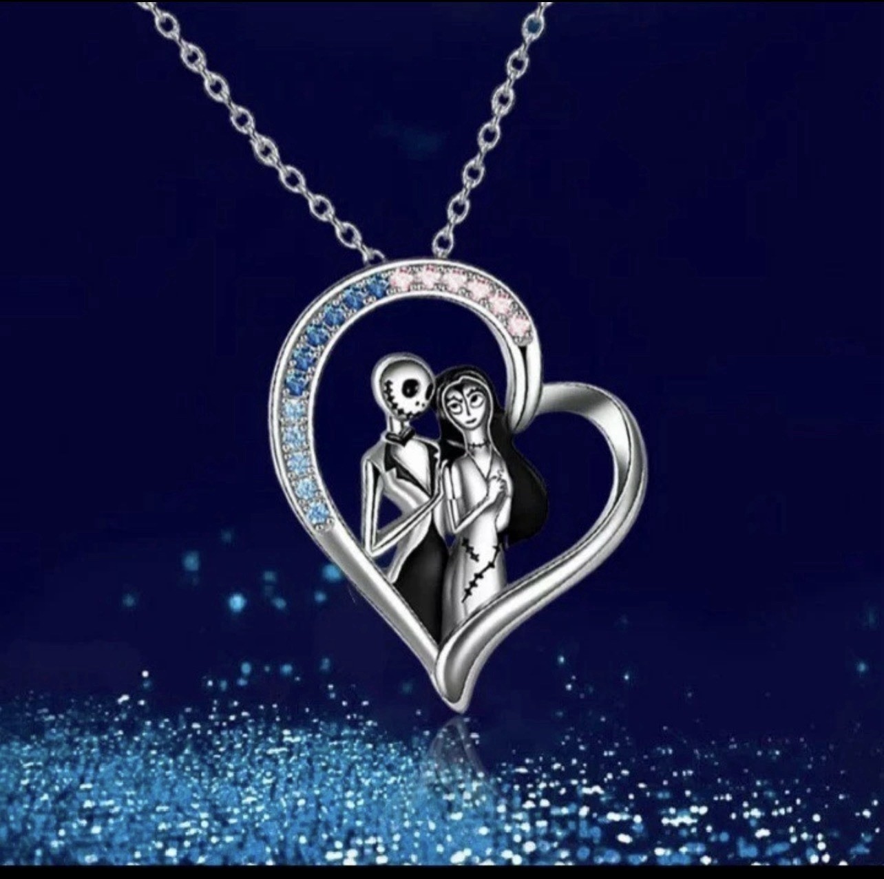 NIGHTMARE BEFORE CHRISTMAS HALLOWEEN JACK AND SALLY HEART RHINESTONE NECKLACE.