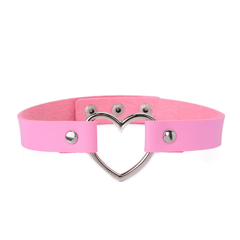 Heart Choker Necklace Faux Leather Collar Black Pink Adjustable Rivet Chocker
