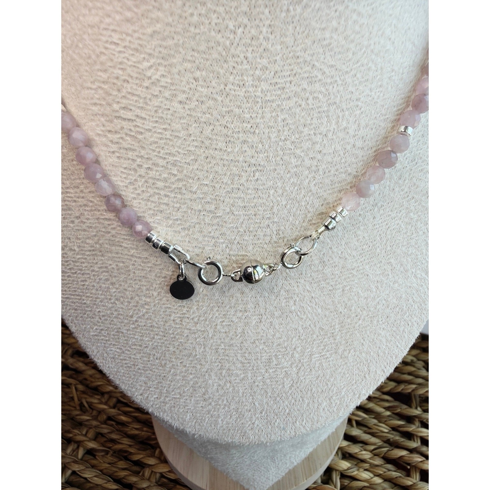17.5″ Natural Madagascar Rose Quartz Necklace, Magnetic Clasp, Silver & Pink