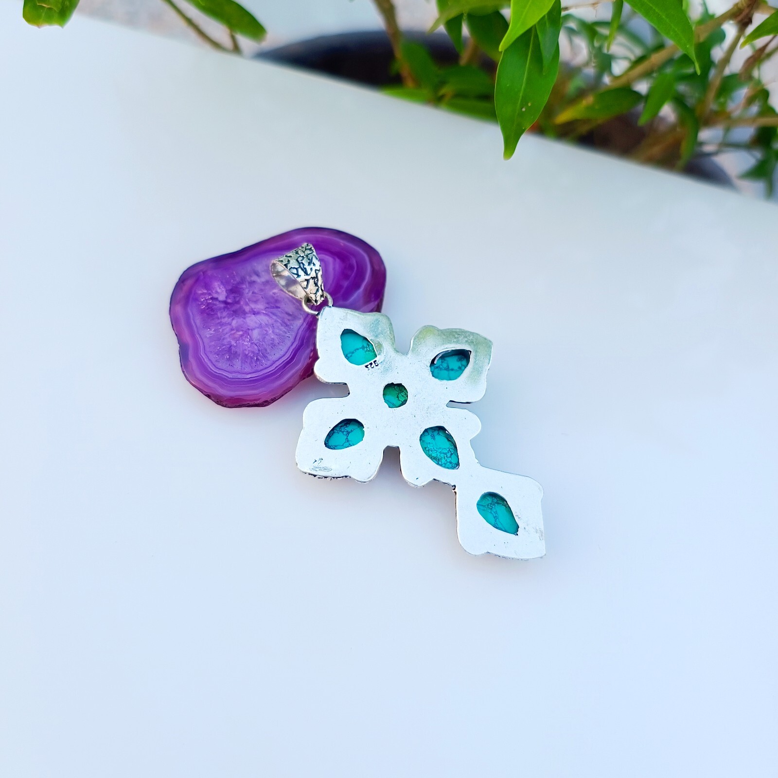 Turquoise Cross Pendant 925 Sterling Silver Handmade Gemstone Jewelry 2.55″