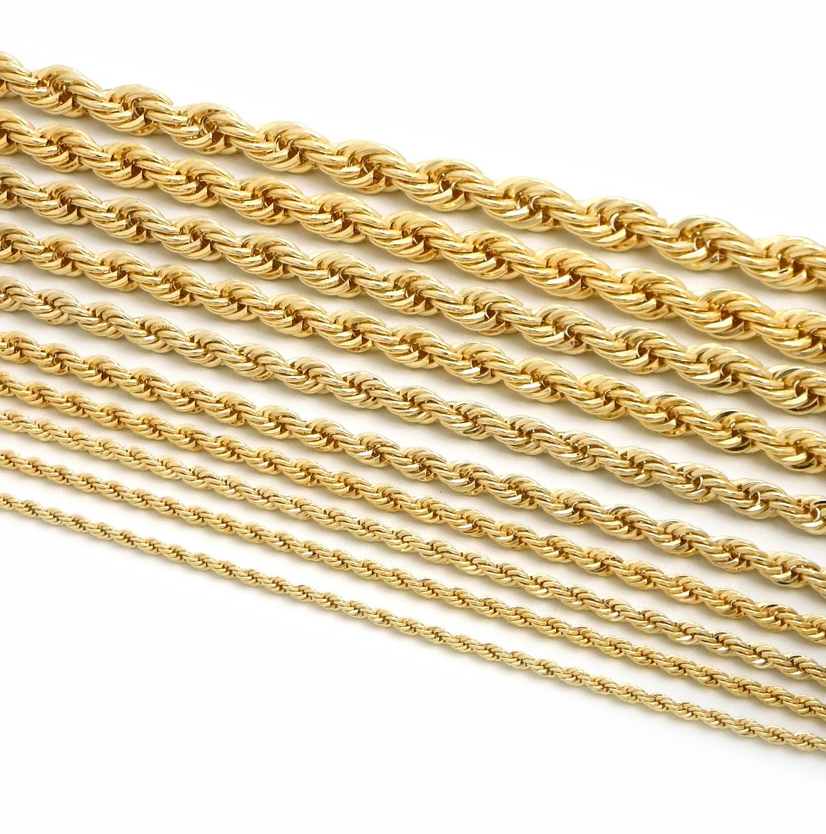 Gold Rope Chain Necklace 2.5mm to 10mm Width 18″ 20″ 22″ 24″ 26″ 30″ 14k Plated