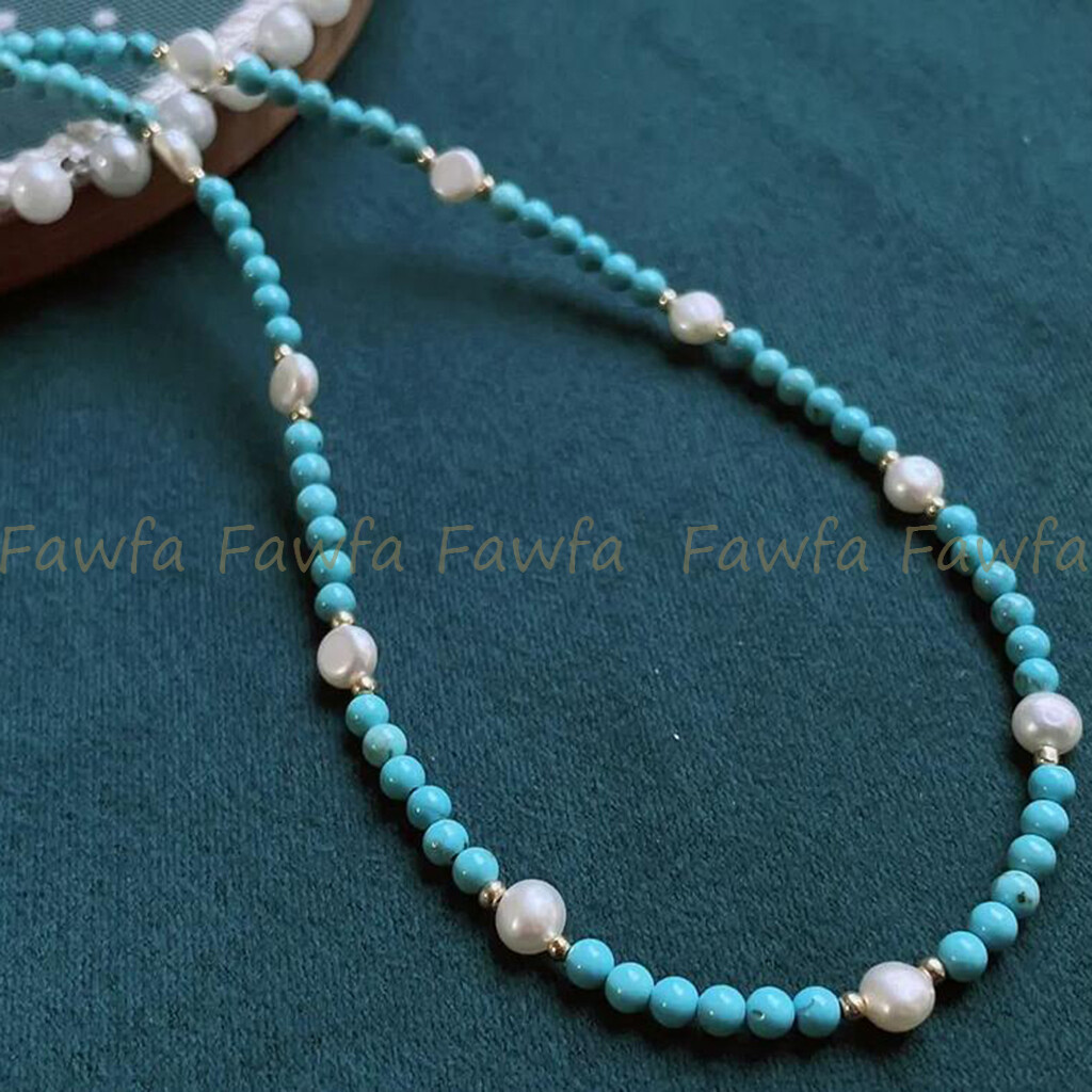 4mm Natural Turquoise Round Gems Beads 6-7mm White Baroque Pearl Necklace 14-36″
