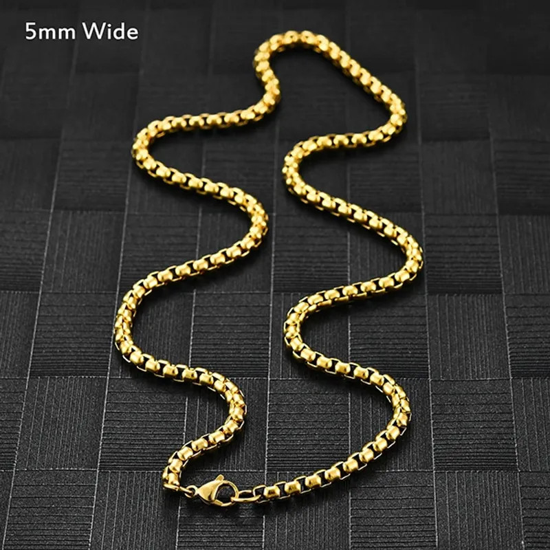 Square Rolo Gold Color Plated Round Box Chain Stainless Steel Necklace For Women