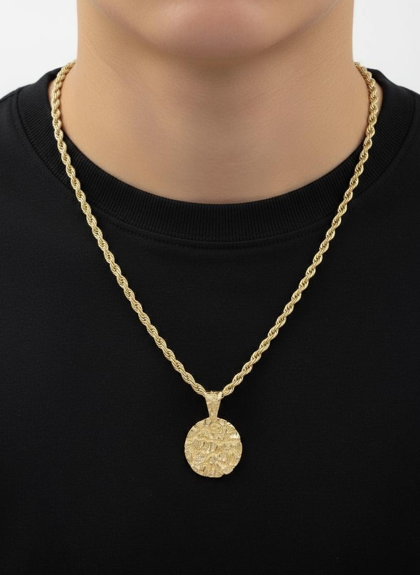 Gold Round Nugget Necklace, 3mm Rope Chain, 14k Heavy Plated Gold