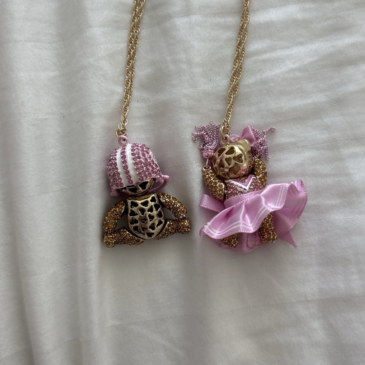 Betsey Johnson Gold Plated Pink Crystal Teddy Bear Charm Necklace, Adjustable