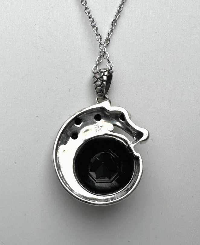 925 Sterling Silver Dragon Pendant Necklace 15mm Thai Black Spinel steel chain