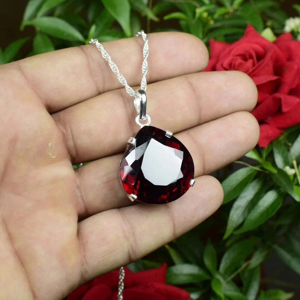 75 Ct Natural Red Zircon Pendant 925 Sterling Silver Pear Cut Gemstone Jewelry