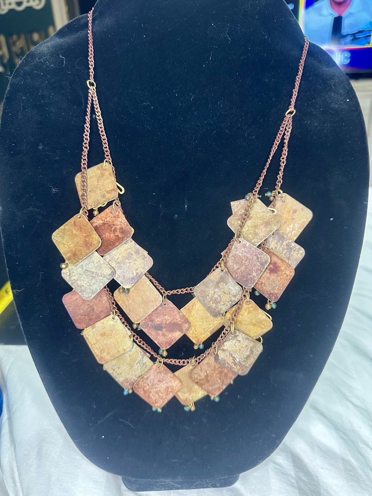 Vintage Metal Artisan Chain with Multi tiered Metal Patina Panels And Charms