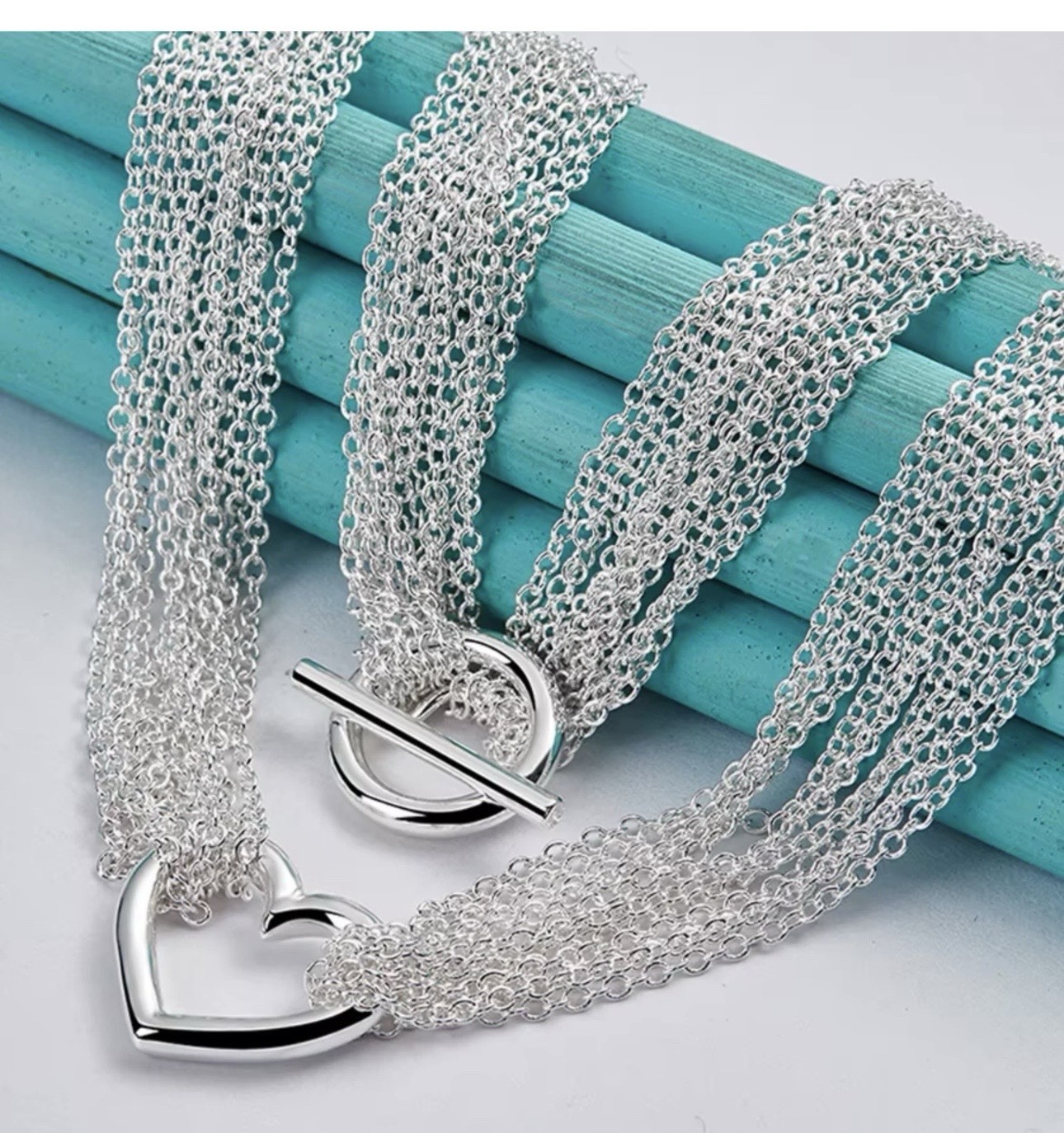 .925 Sterling Silver Multi-Thin 17.5 in Necklace Heart 8” Bracelet Wht GdToggle