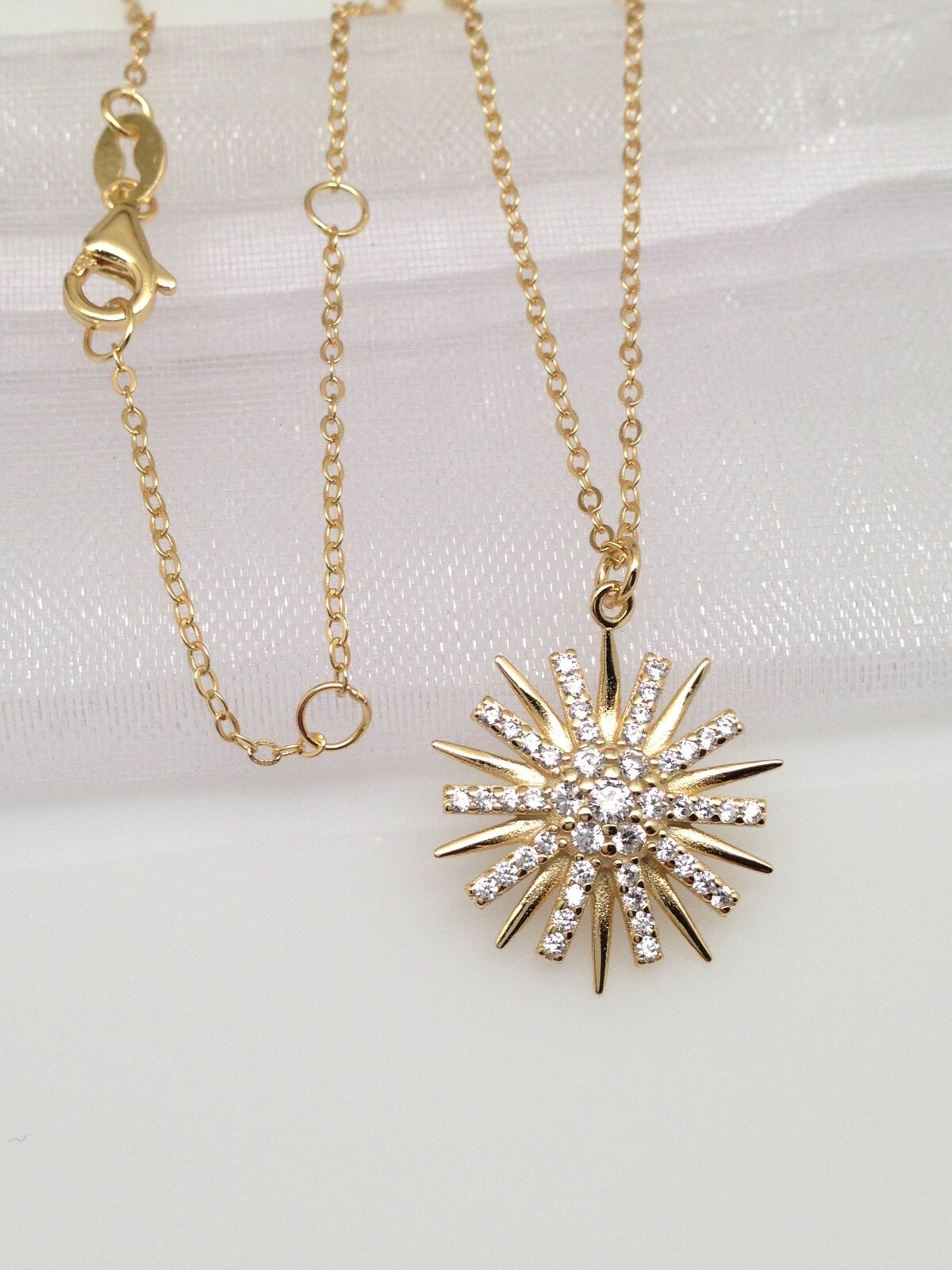 925 Sterling Silver Cz Sunburst Pendant Necklace Starburst 15mm 18″