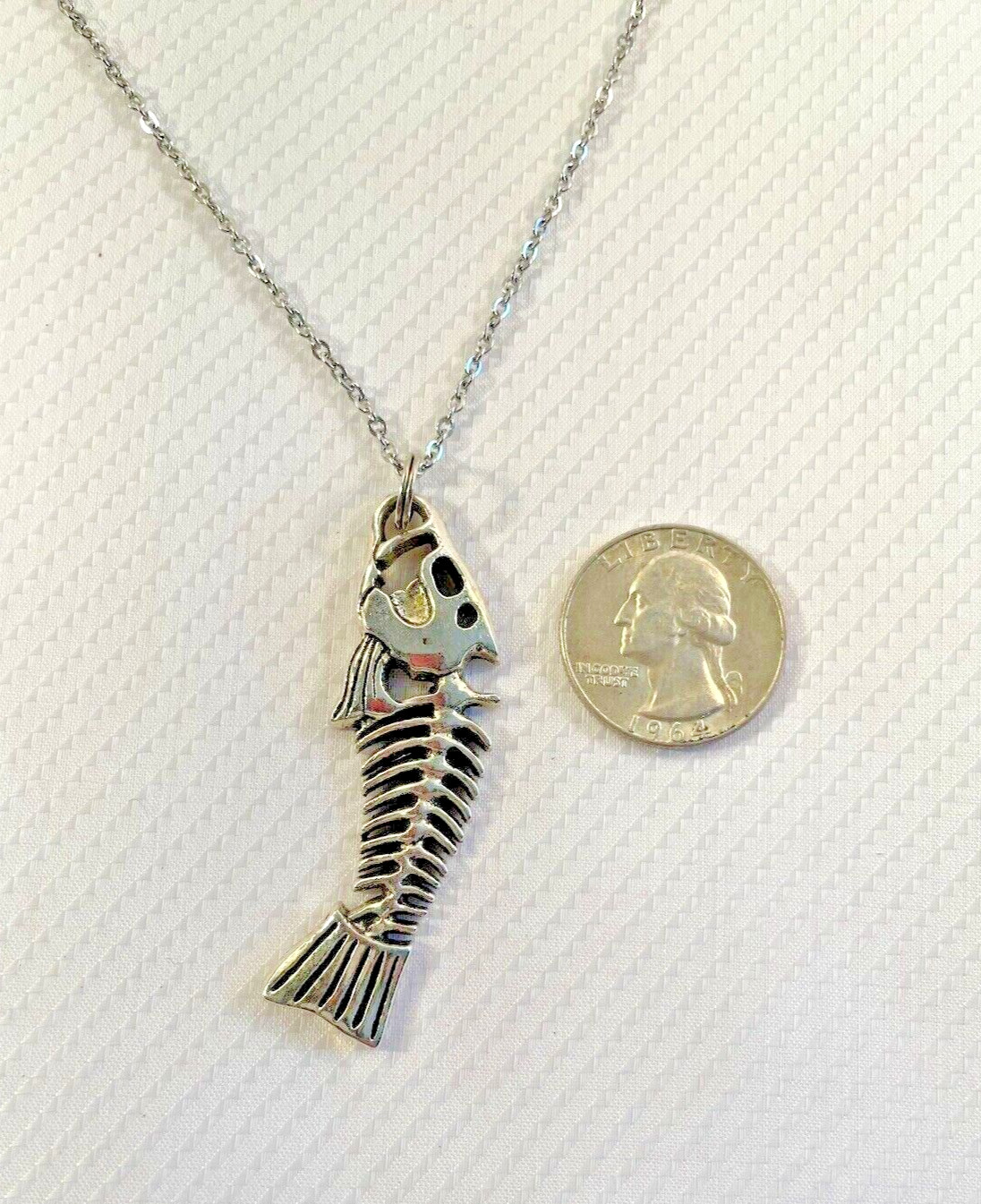 Fish Bone Silver Pendant Necklace 20” Stainless Chain Coastal Sea Jewelry NEW