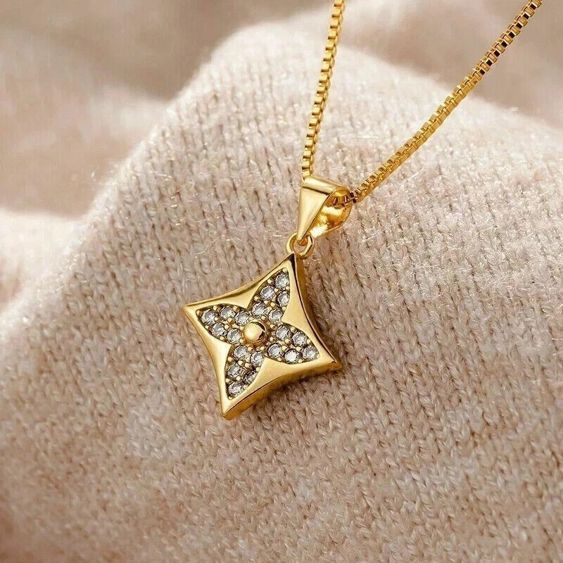 Women’s Elegant Pendant Necklace Round Simulated Diamond 14K Yellow Gold Plated