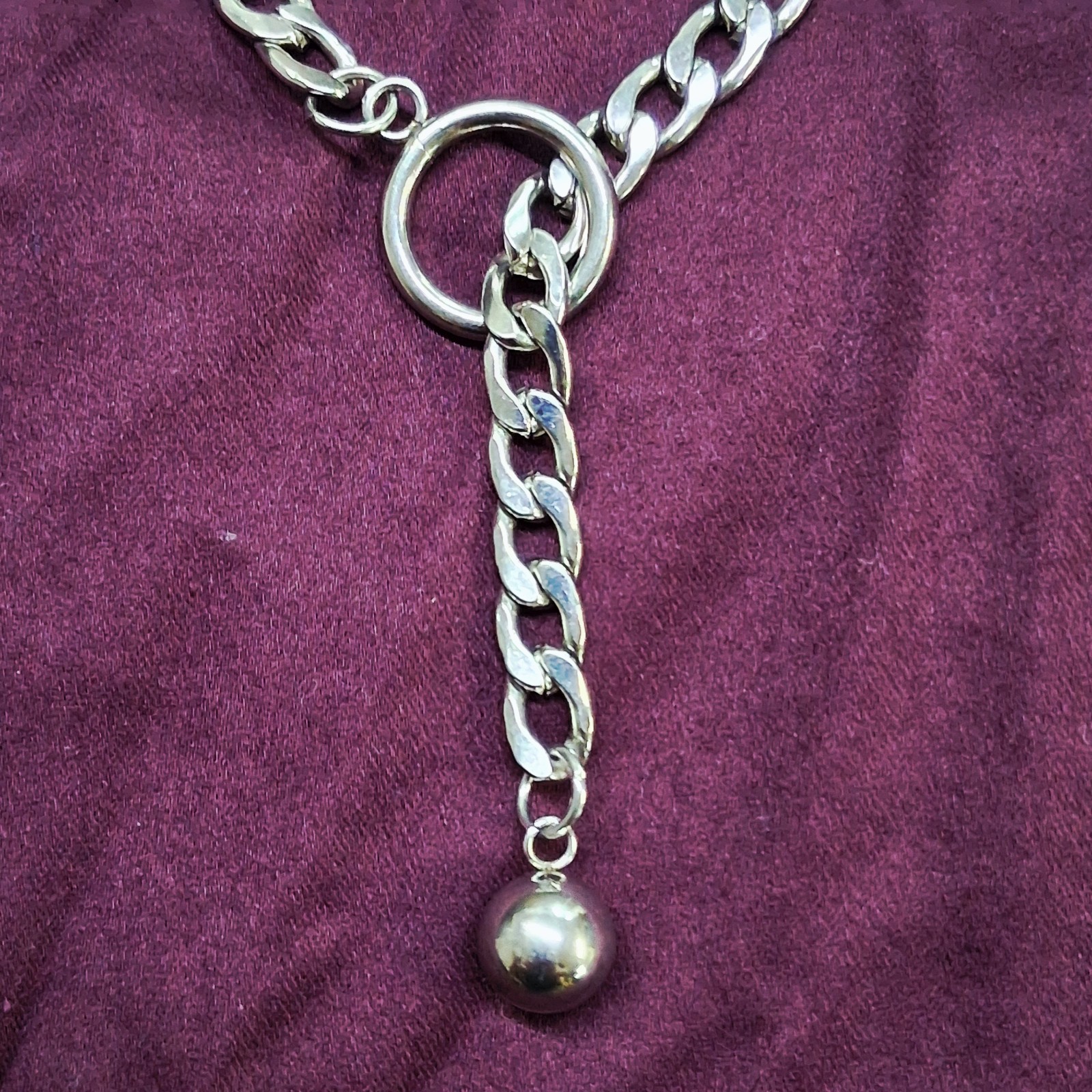 Polished Silver Tone Ball & Hoop Pendant Heavy Curb Link Chain Necklace