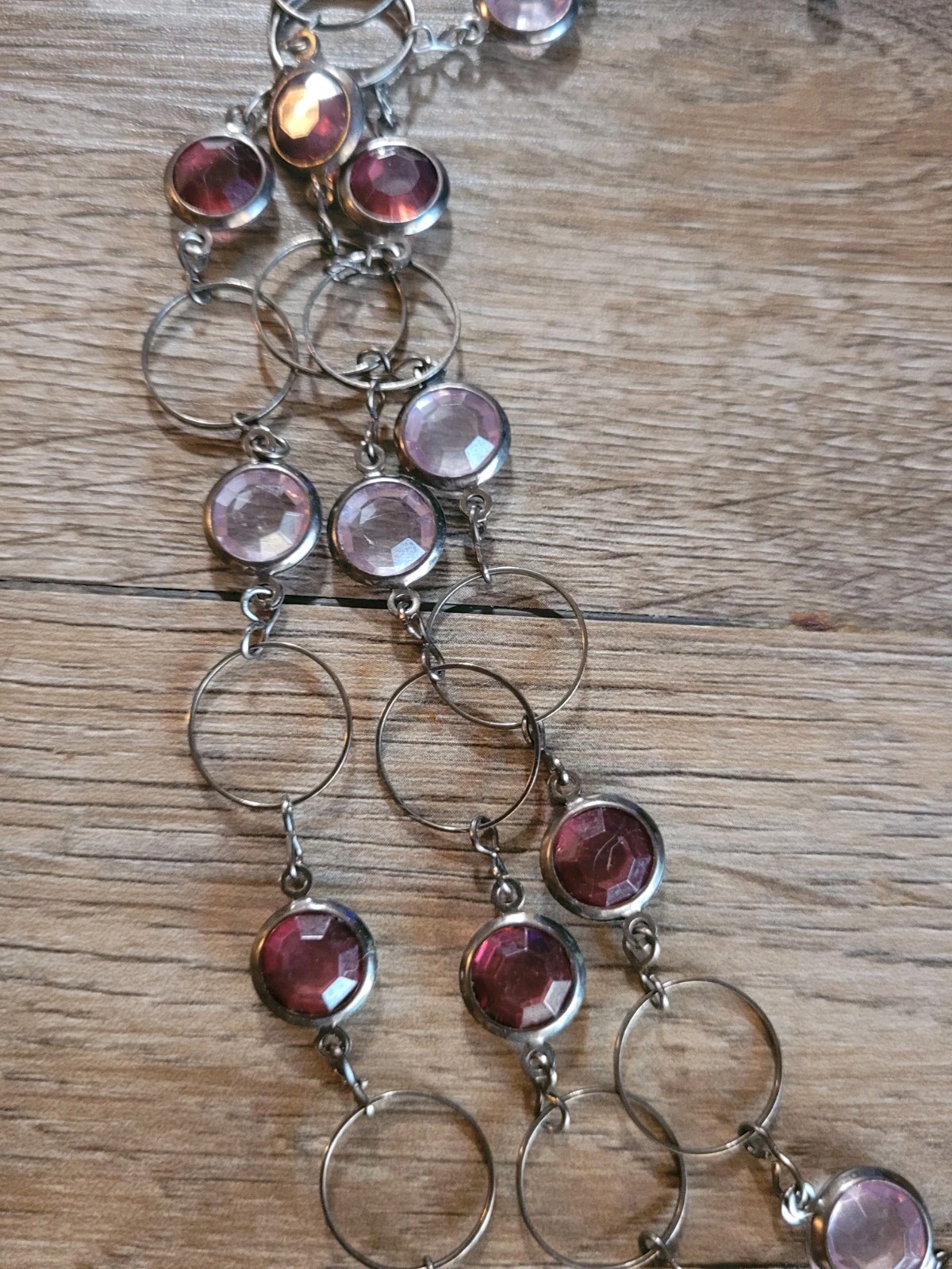 Multi Strand Multi Shape Purple Bezel Set Necklace Gun Metel Color Lobster Clasp
