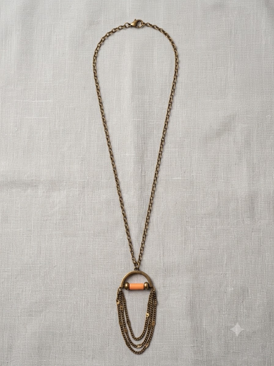 Antique Bronze Long Pendant Necklace with Arch & Layered Chain Tassels