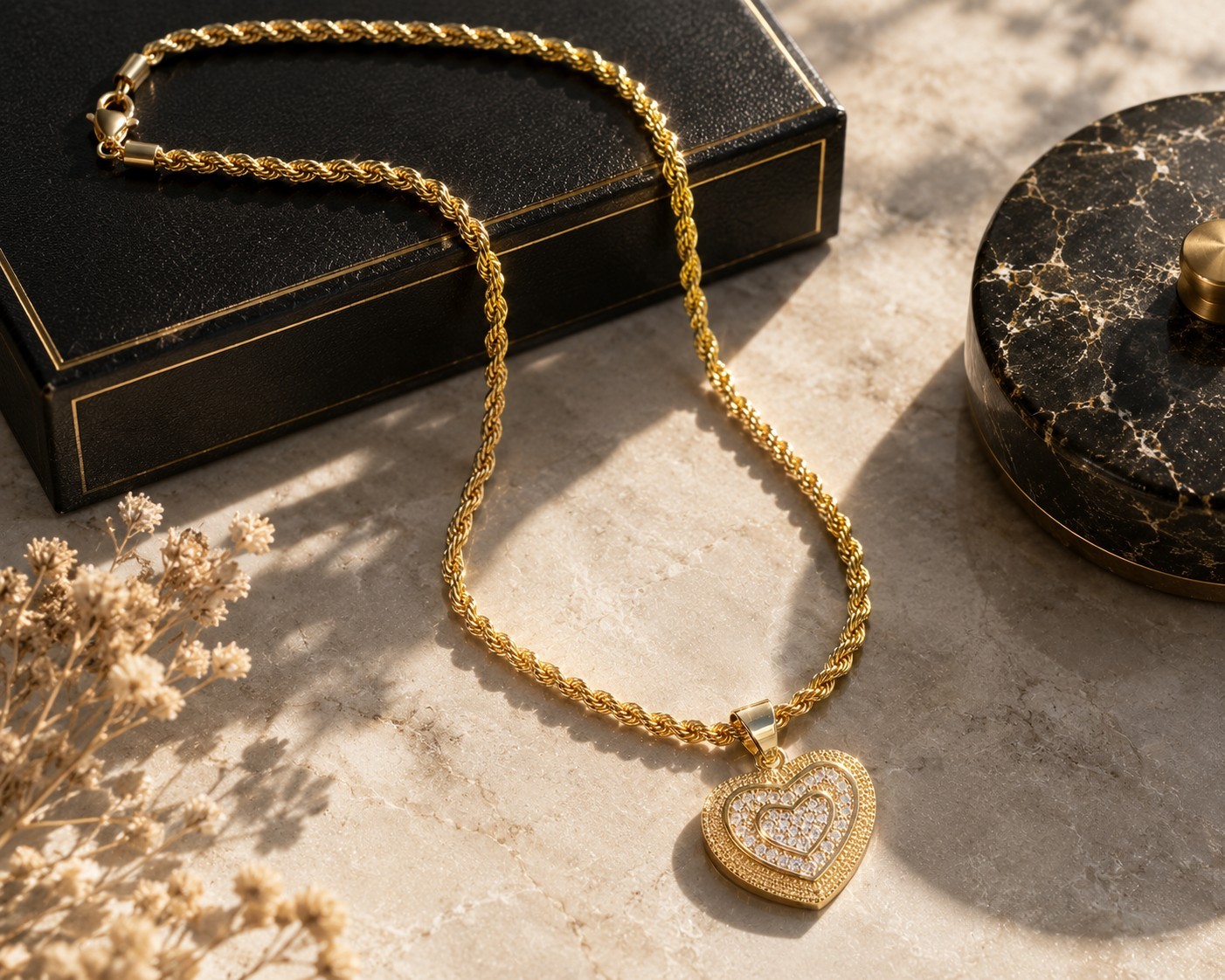 14K Heart Necklace & Pendant Gold Filled Set With Rope Chain Women’s Love Gift