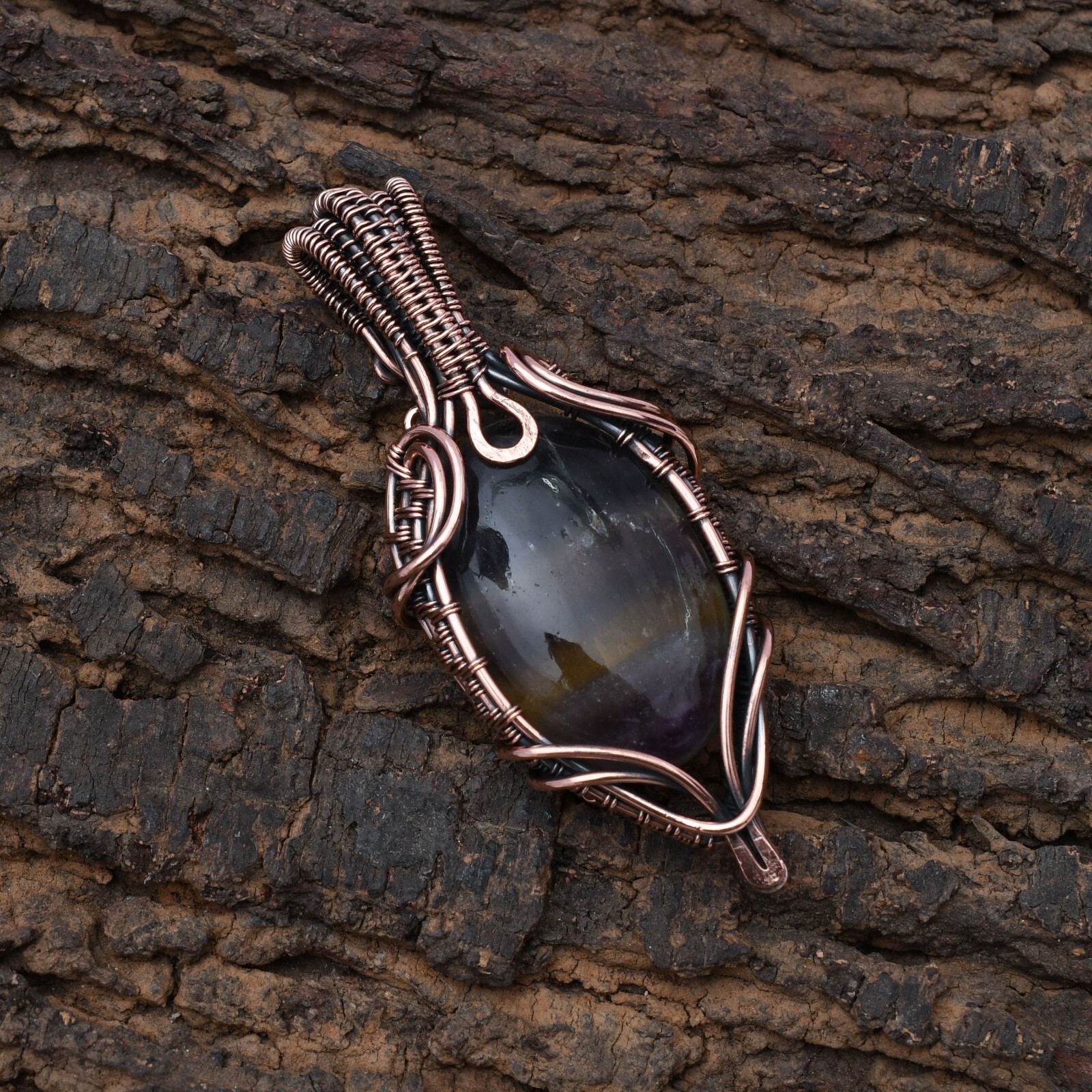 Natural Fluorite Pendant Copper Wire Wrapped Handmade Jewelry Pendant 2.15″