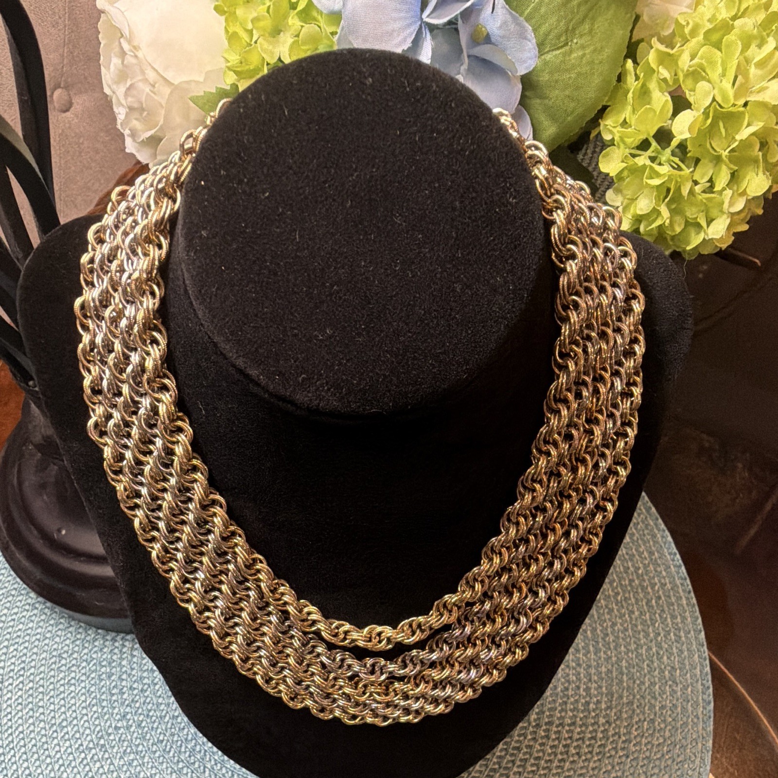 Vintage Gold & Silver Tone Layered Rope Chain NecklaceClear Crystal Clasp 15 IN