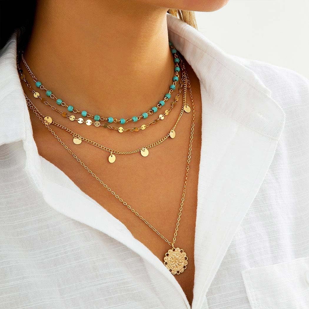 Aiosy Boho Layered Necklace for Women Turquoise Dainty One Size, Gold