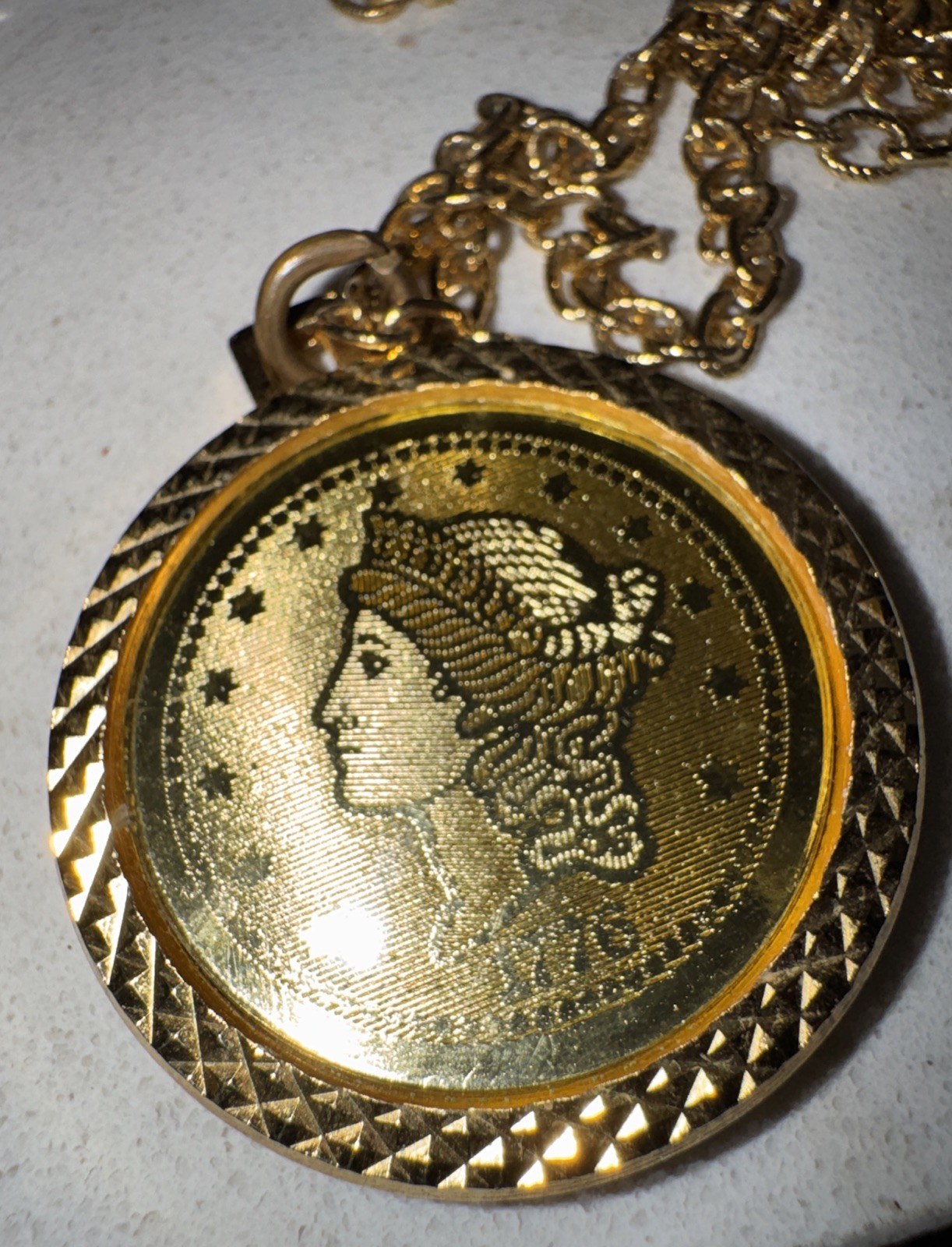 Vintage 1776 Goldtone LADY LIBERTY Replica Double Eagle Coin Necklace, USA