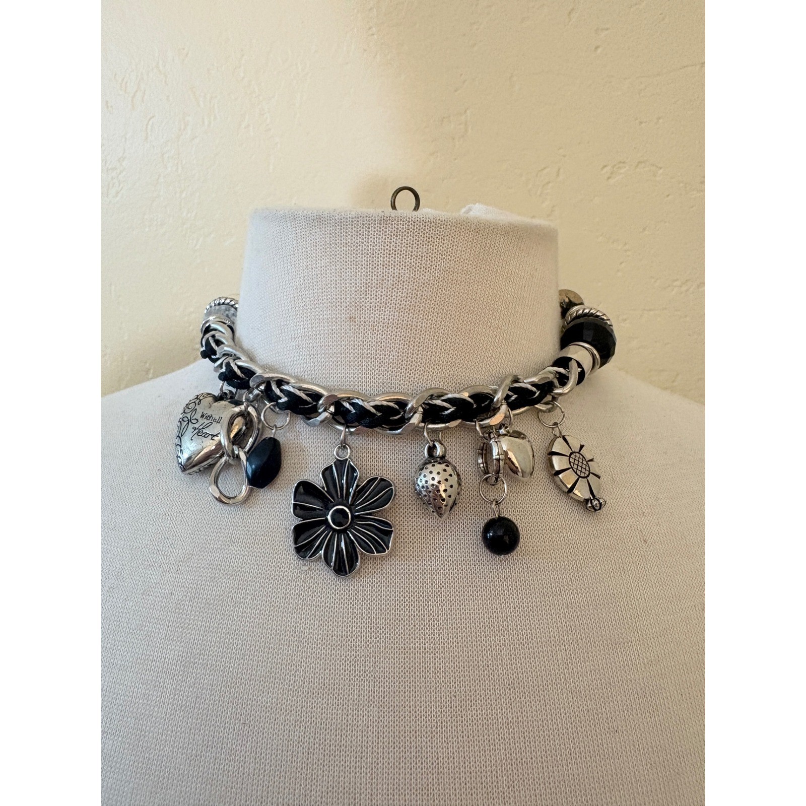 Chunky Silver Black Woven Chain Charm Choker Necklace Heart Flower Y2K Grunge