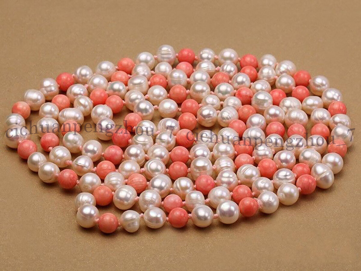Natural 7-8mm White Freshwater Pearl 8mm Pink Coral Round Beads Necklace 36-100″