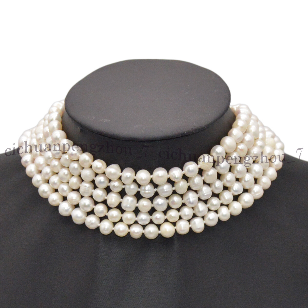 5 Rows Natural 7-8mm White Akoya Cultured Pearl Choker Layered Necklace 14.5”