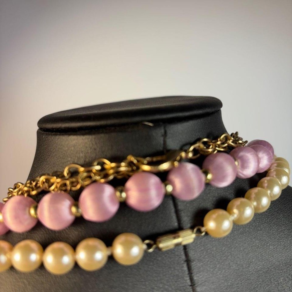 Glam necklace collection with pearl, pink, and gold tone