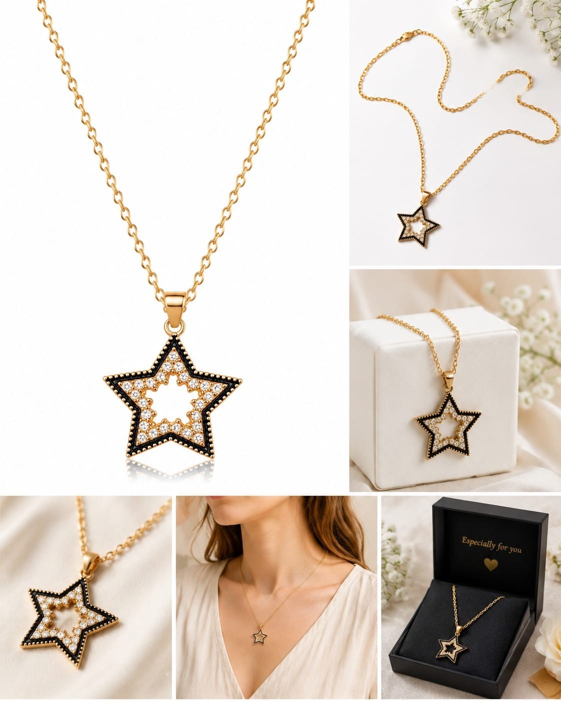 Star Necklace for Women Gold Tone Black Crystal Pendant Fashion Jewelry Gift