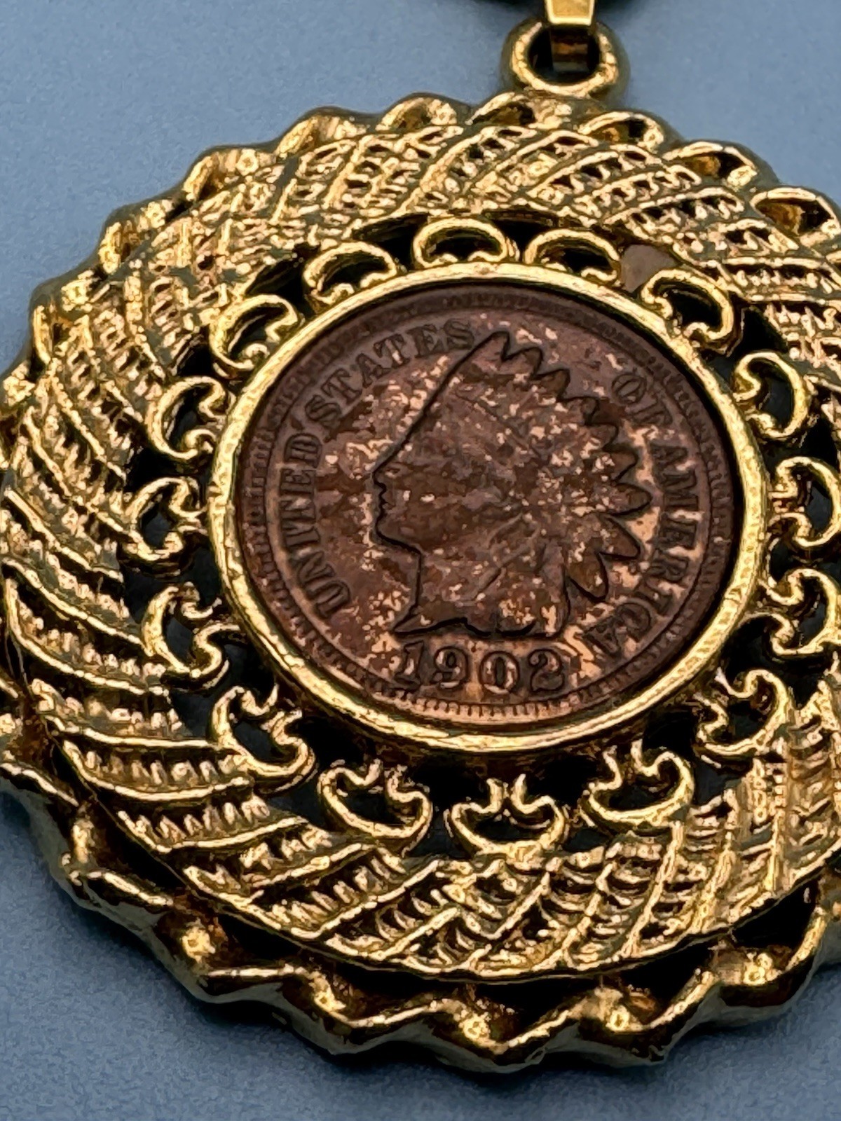 Gold Plated Indian Head Penny Coin 1902 mounted on medallion Necklace