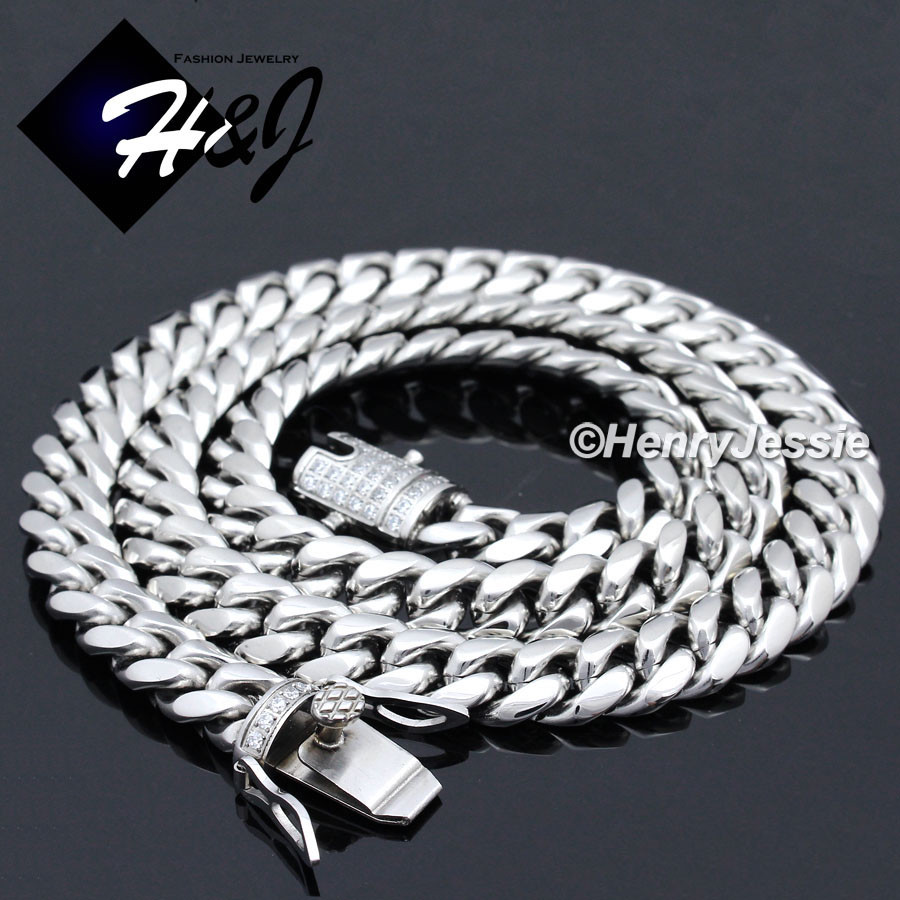 18-40″Stainless Steel 10/12/14mm Silver/Gold Plated ICY CZ Cuban Necklace*N158