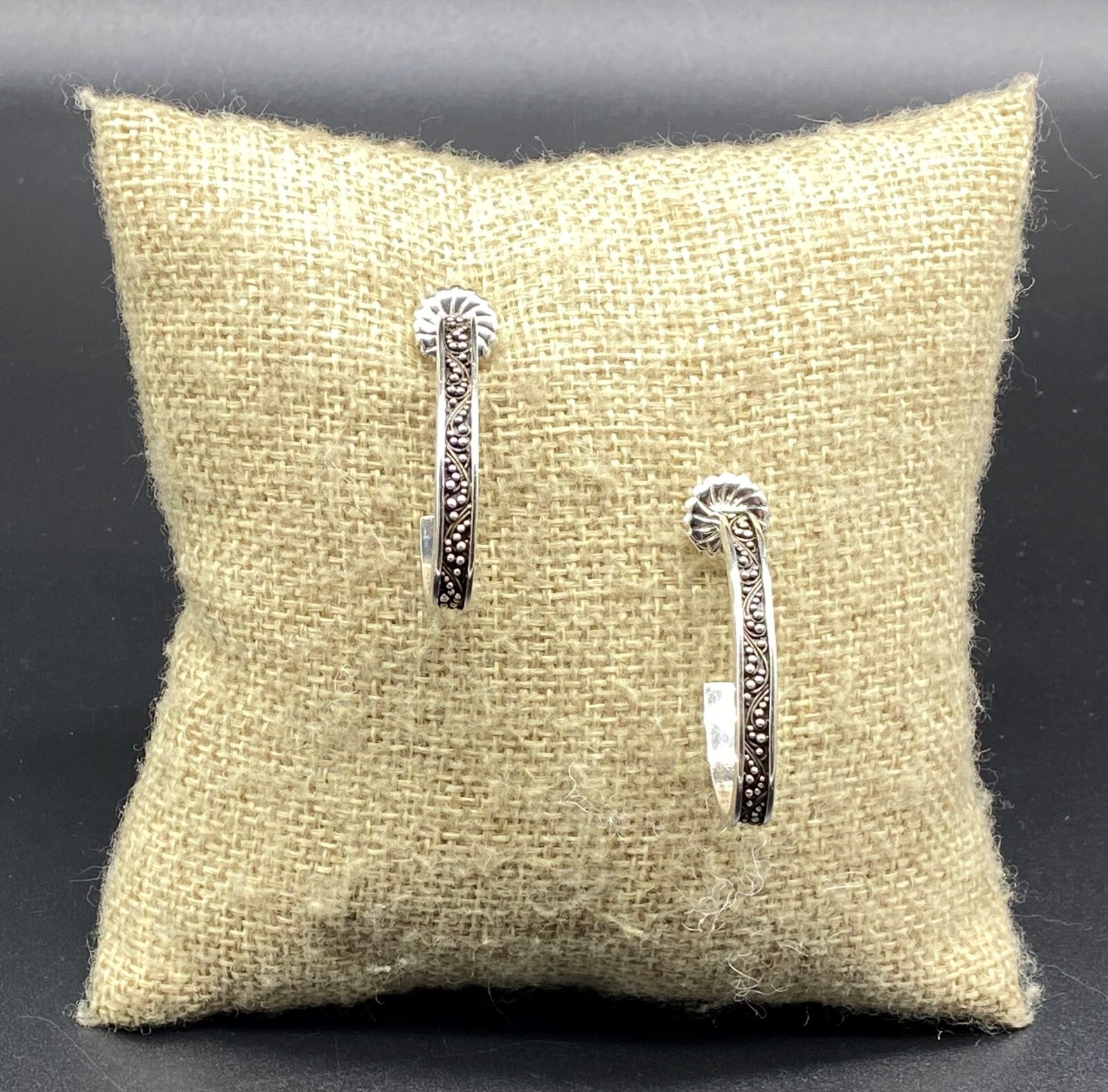 LOIS HILL-Sterling Silver Oxidized Granulated ‘J’ Hoop Post Earrings